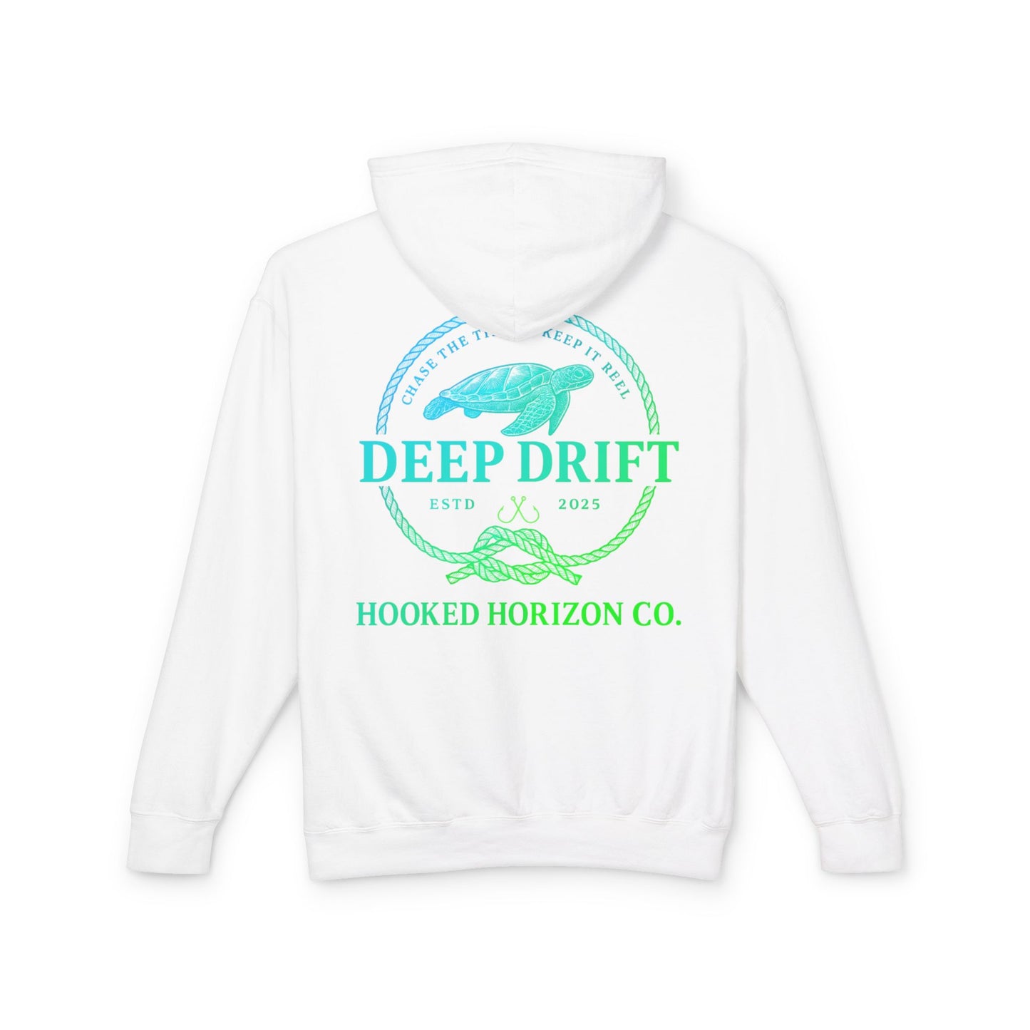 Hooked Horizon Co Green & Blue Unisex Lightweight Hoodie with Deep Drift Design | Perfect for Fishermen, Beach Lovers, Casual Outings, Gift for Him/Her, Nautical Style,  Ocean Lover Gifts