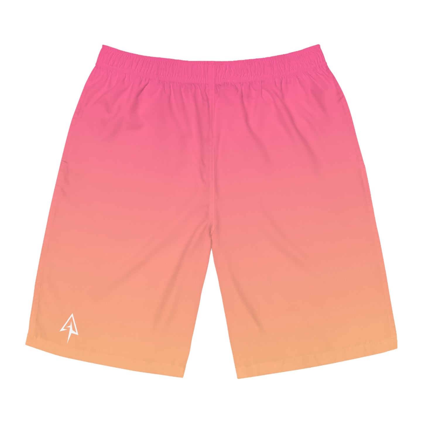 Arrow Ridge Pink To Orange Ombre Men's Ocean-Inspired Board Shorts, Swimwear for Beach Days, Summer Vacations, Pool Parties, Surfing Attire, Water Sports