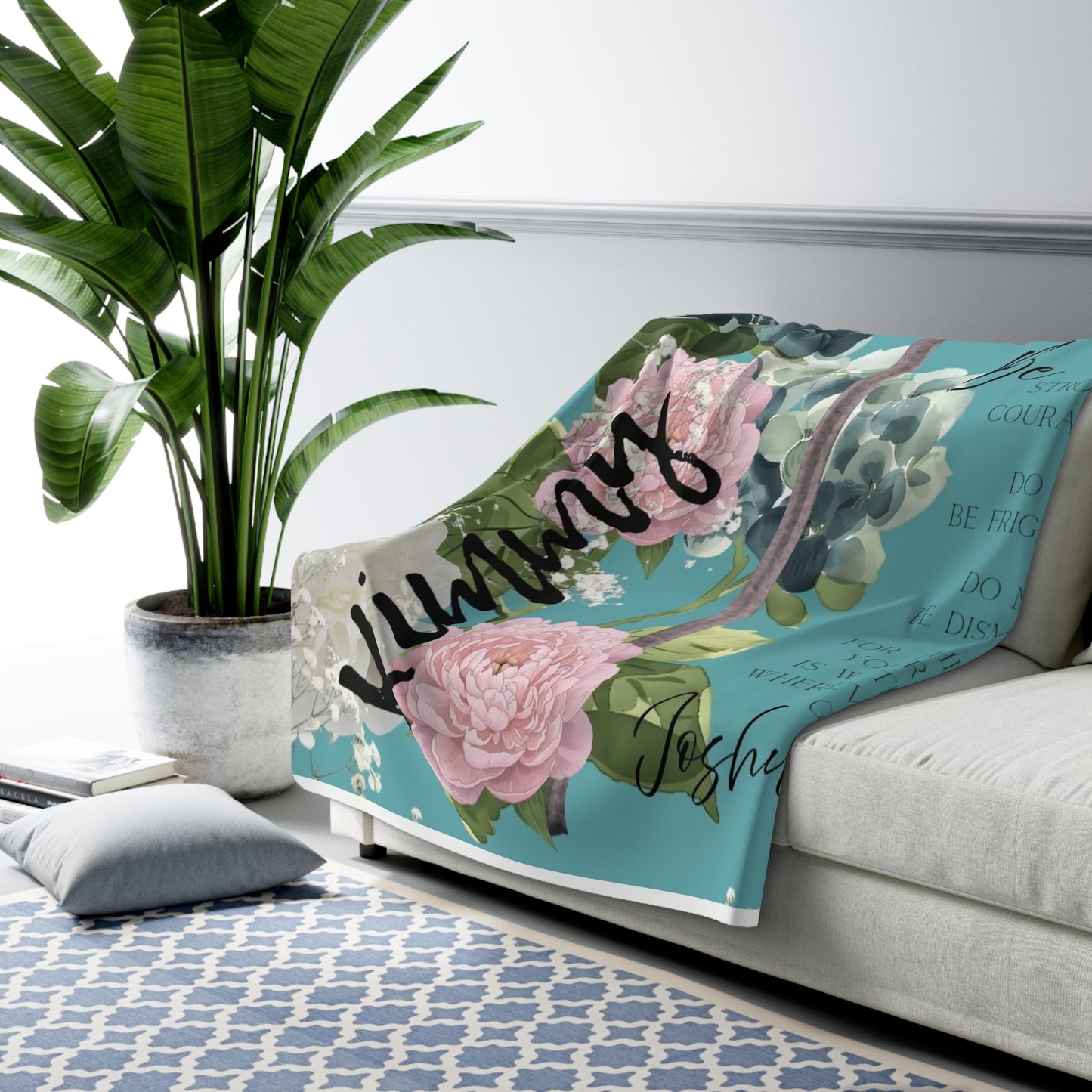 Kimmy Personalized Spiritual Bible Verse Holiday Sherpa Blanket — Cozy Teal Winter Fleece