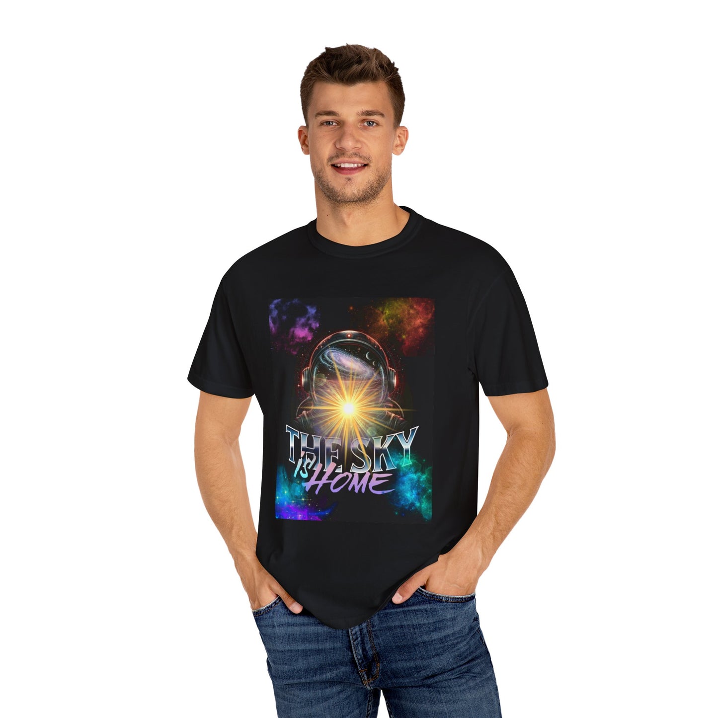 Cosmic Vibe T-Shirt: The Sky is Home Unisex Garment-Dyed Tee, Cute Graphic Shirt, Space Lover Gift, Casual Wear, Art Tee