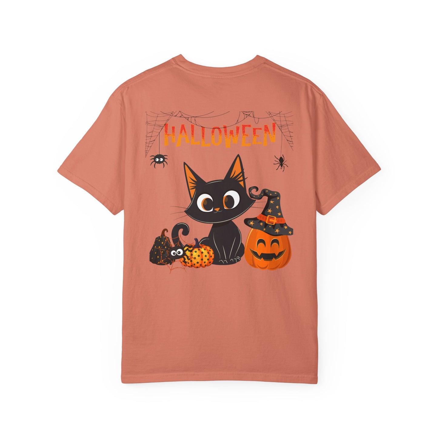 Halloween Spider Cat & Pumpkin Tee Unisex Garment-Dyed T-shirt, Black & White, Vintage Western, Western lover gifts