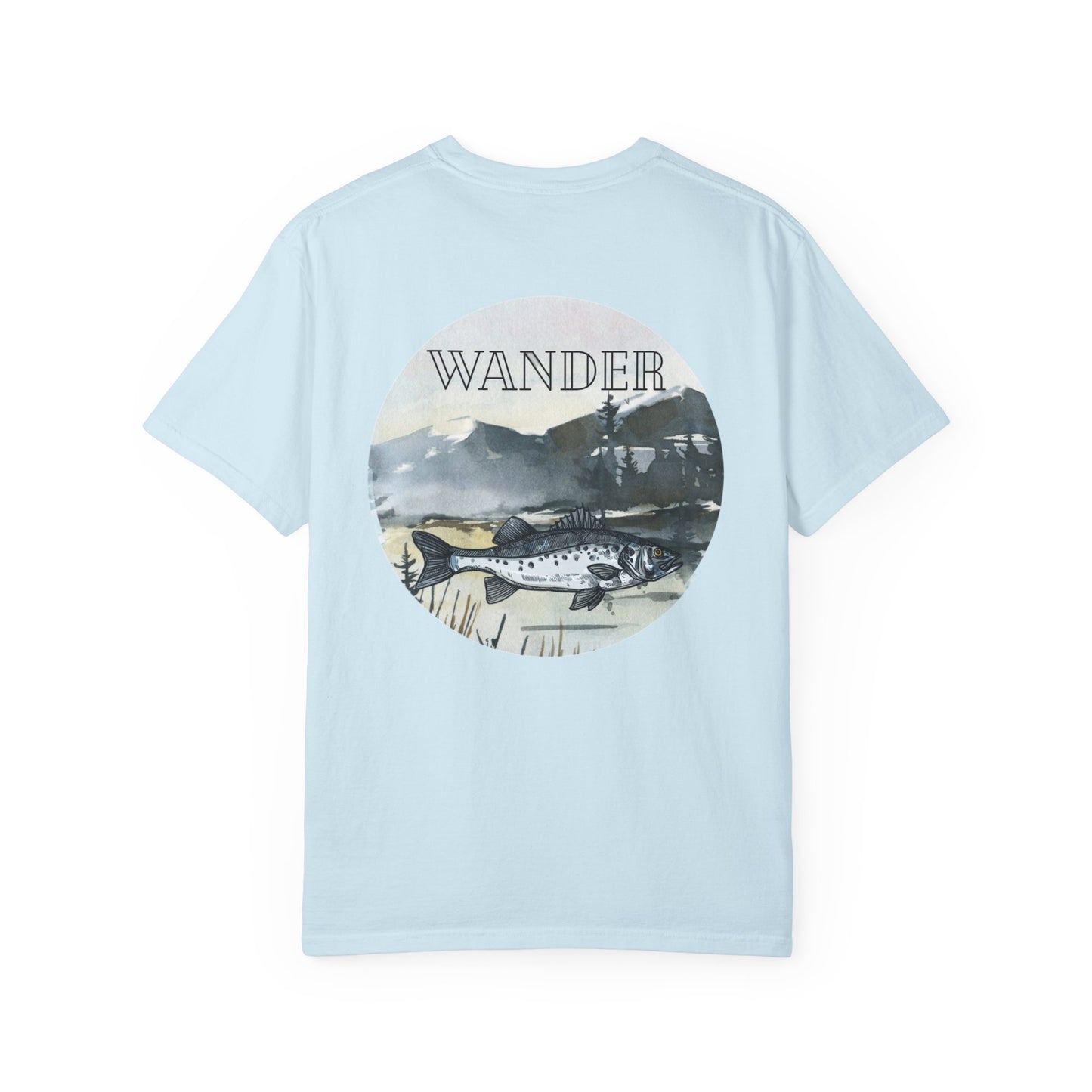 Ready to Run Wander Fishing Tee with White Front Design on Back Wildlife Adventure Tee Unisex Garment-Dyed T-shirt, Boho Nature Tee, Camping Shirt, Adventure Apparel, Gift for Wilderness Lovers, Angler Lover Giftd