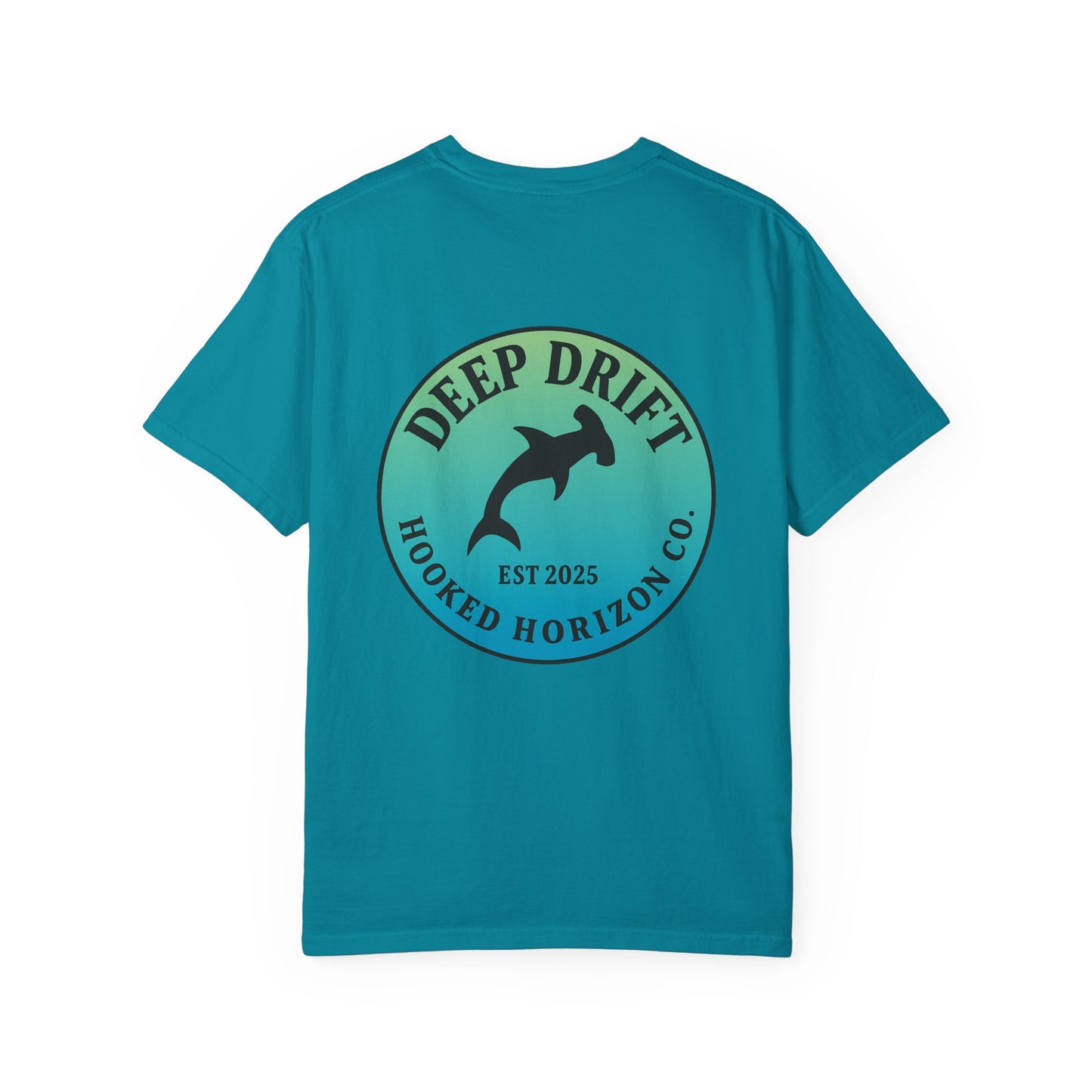 Deep Drift Fishing T-Shirt - Green & Blue Fishing Tee for Angler Lovers, Hammer Head Shark, Ocean Tee