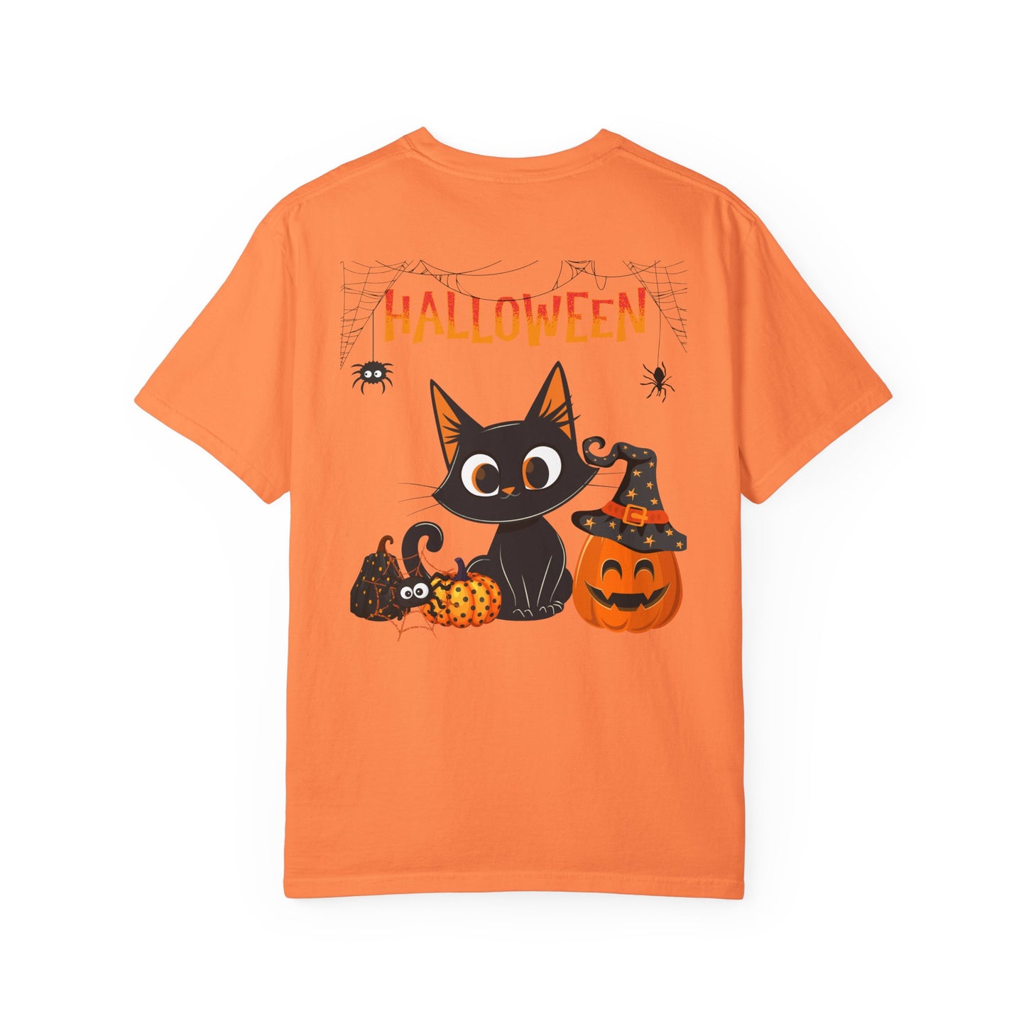 Halloween Spider Cat & Pumpkin Tee Unisex Garment-Dyed T-shirt, Black & White, Vintage Western, Western lover gifts