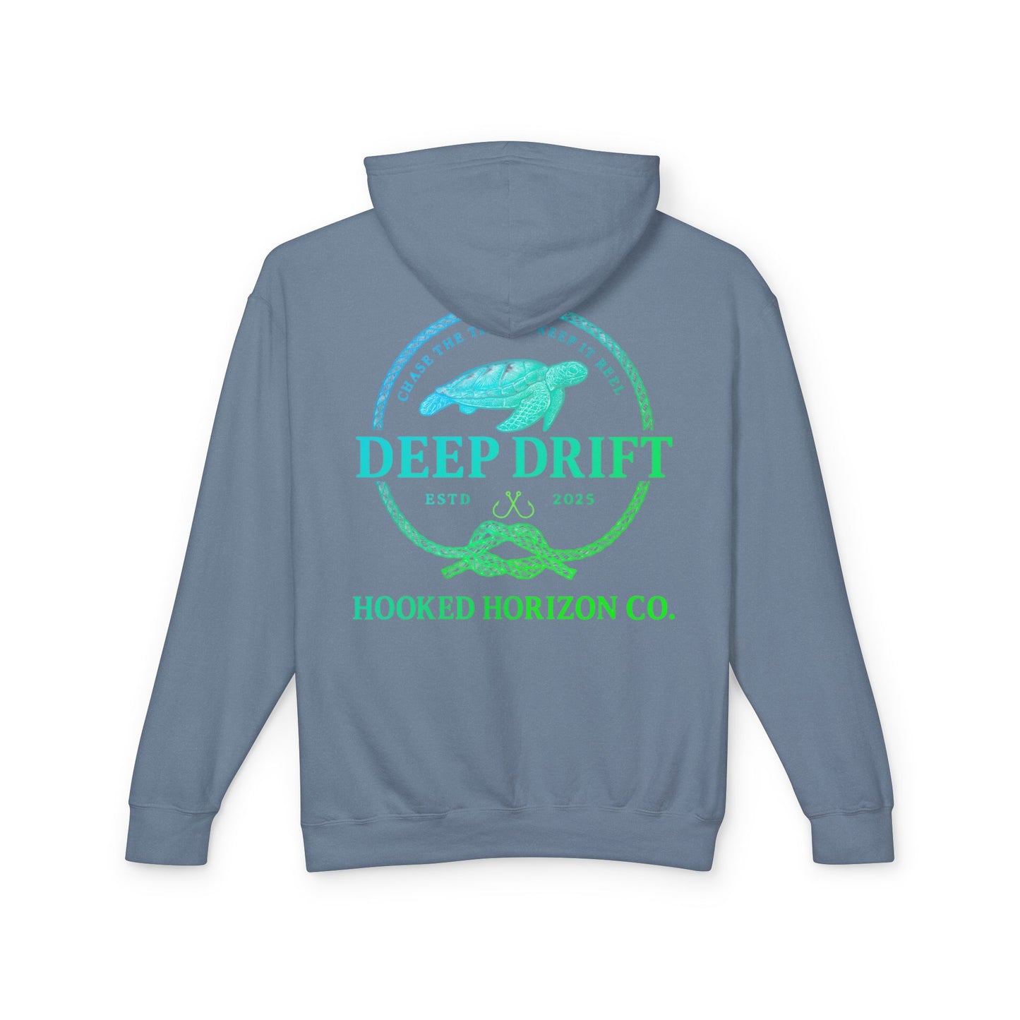 Hooked Horizon Co Green & Blue Unisex Lightweight Hoodie with Deep Drift Design | Perfect for Fishermen, Beach Lovers, Casual Outings, Gift for Him/Her, Nautical Style,  Ocean Lover Gifts