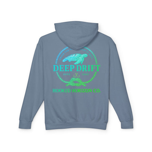 Hooked Horizon Co Green & Blue Unisex Lightweight Hoodie with Deep Drift Design | Perfect for Fishermen, Beach Lovers, Casual Outings, Gift for Him/Her, Nautical Style,  Ocean Lover Gifts