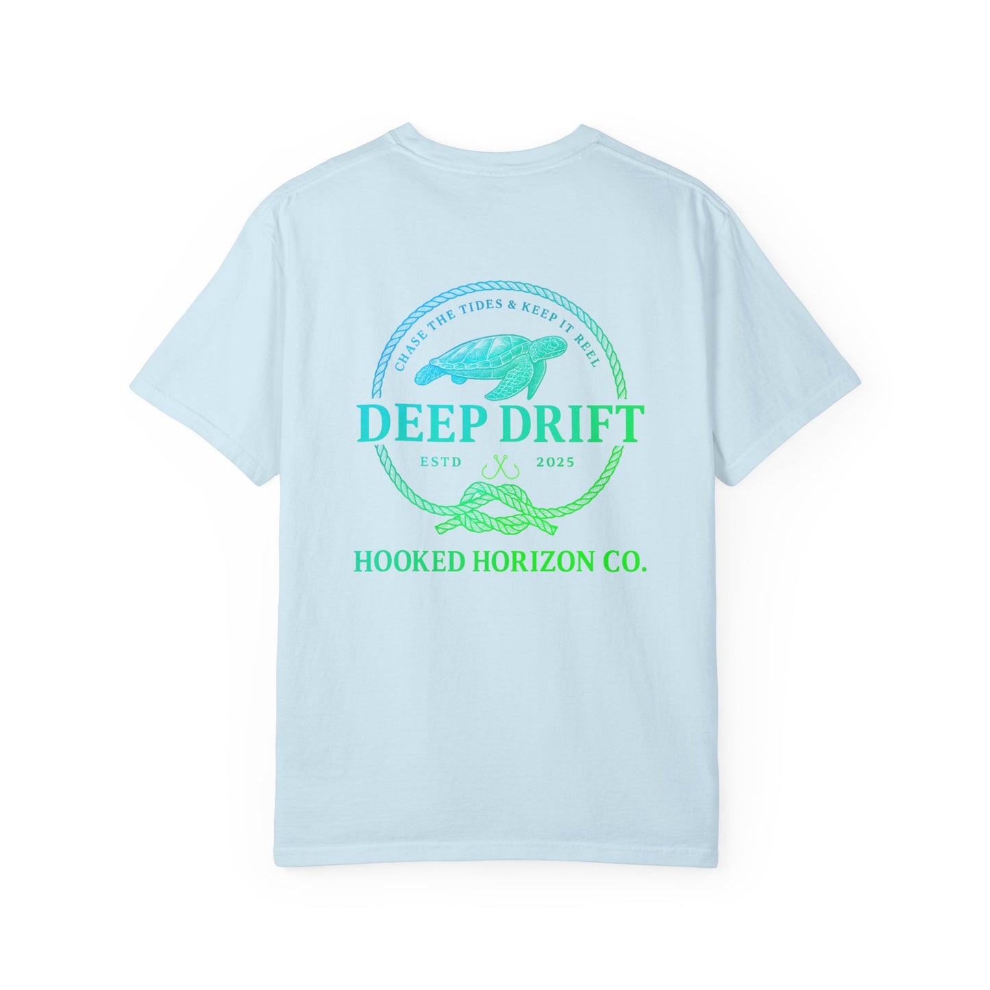 Deep Drift Fishing T-Shirt - Green & Blue Fishing Tee for Angler Lovers, Hammer Head Shark, Ocean Tee
