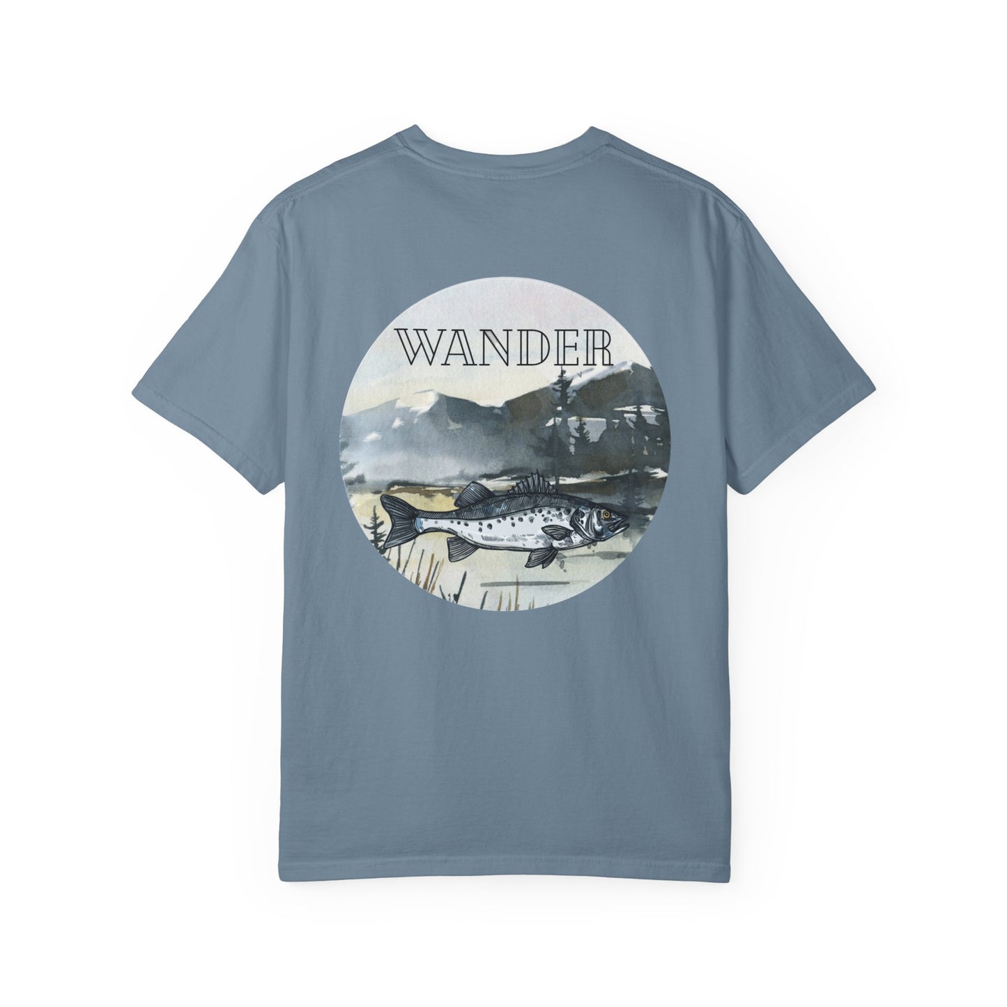 Ready to Run Wander Tee in Black Writing on Front & Image on Back Wildlife Adventure Tee Unisex Garment-Dyed T-shirt, Boho Nature Tee, Camping Shirt, Adventure Apparel, Gift for Wilderness Lovers, Angler Lover Giftd