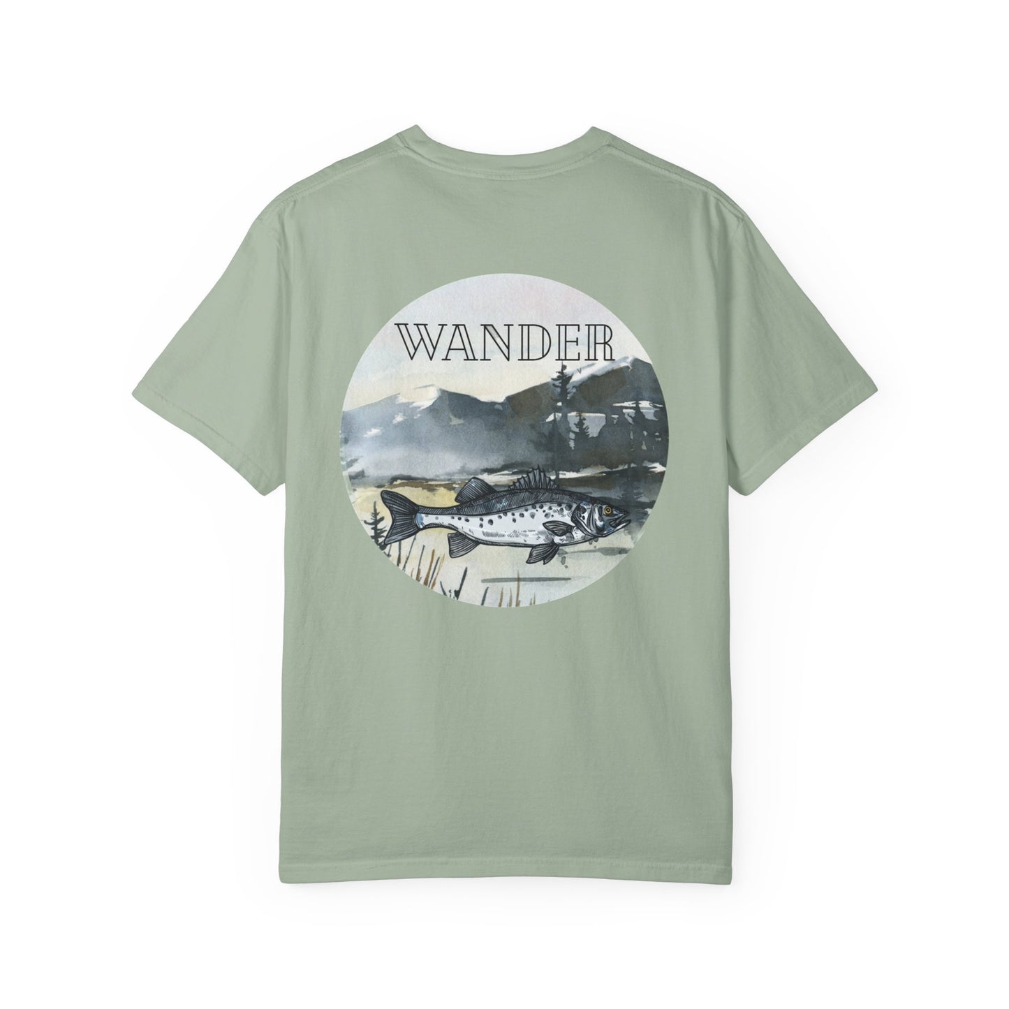 Ready to Run Wander Fishing Tee with White Front Design on Back Wildlife Adventure Tee Unisex Garment-Dyed T-shirt, Boho Nature Tee, Camping Shirt, Adventure Apparel, Gift for Wilderness Lovers, Angler Lover Giftd