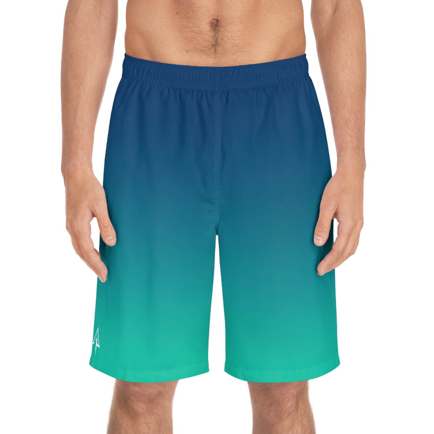 Arrow Ridge Blue To Green Ombre Men's Ocean-Inspired Board Shorts, Swimwear for Beach Days, Summer Vacations, Pool Parties, Surfing Attire, Water Sports