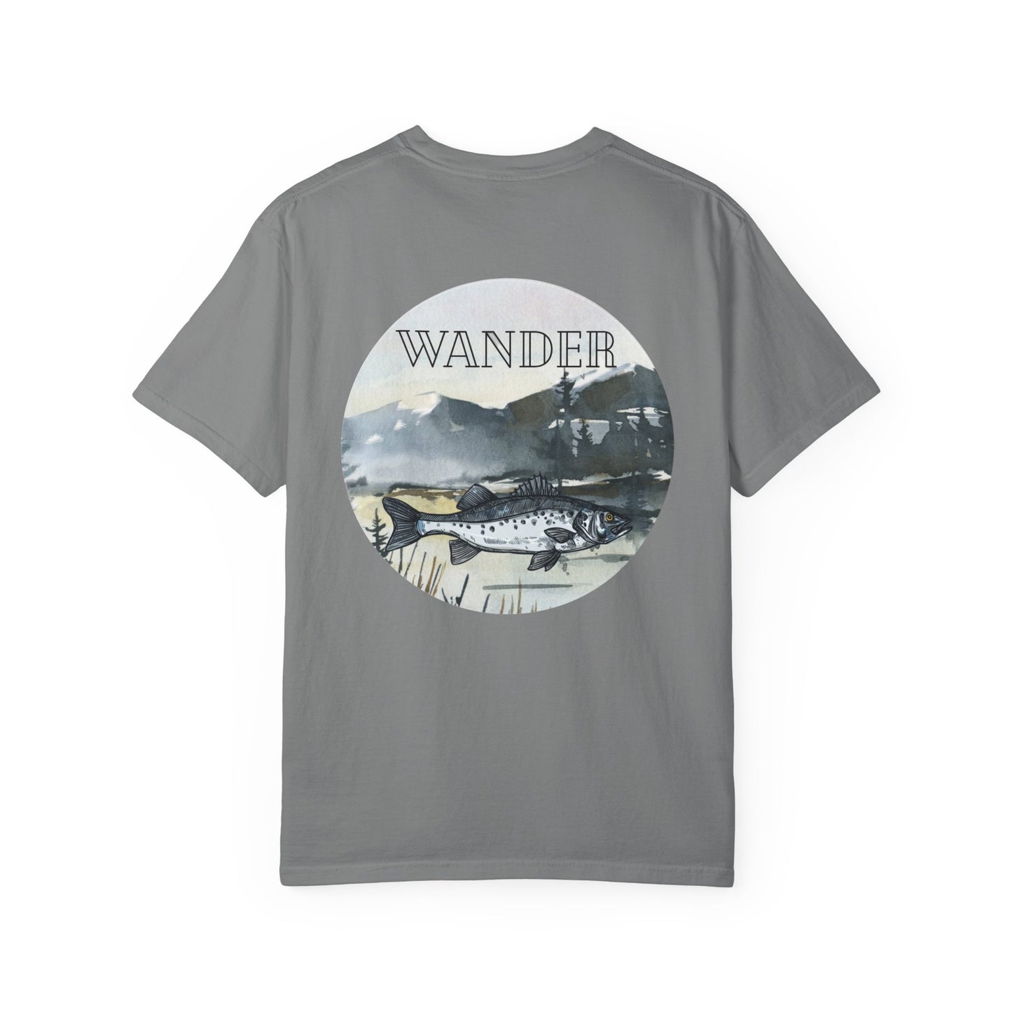 Ready to Run Wander Tee in Black Writing on Front & Image on Back Wildlife Adventure Tee Unisex Garment-Dyed T-shirt, Boho Nature Tee, Camping Shirt, Adventure Apparel, Gift for Wilderness Lovers, Angler Lover Giftd