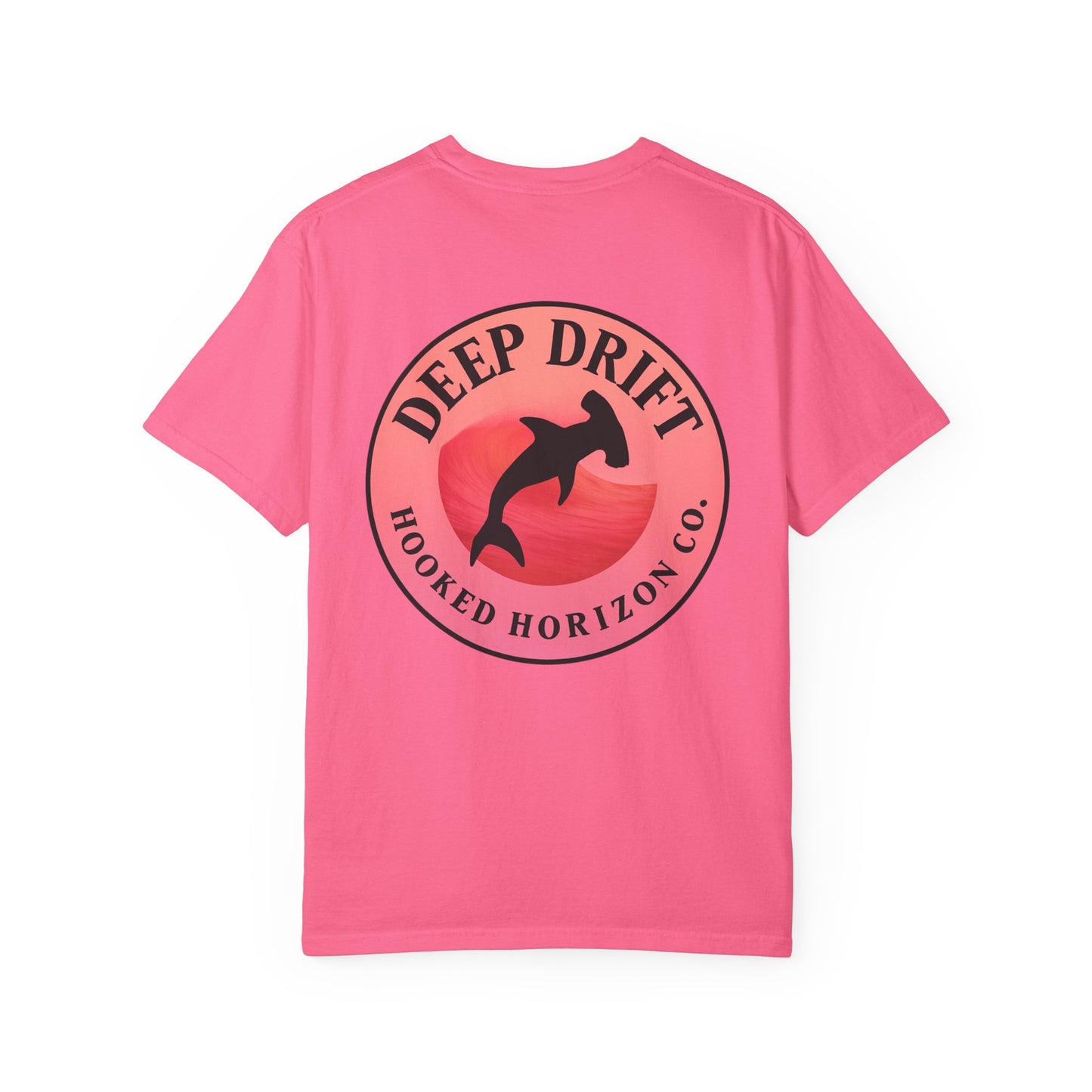 Deep Drift Fishing T-Shirt - Pink & Peach Fishing Tee for Angler Lovers, Pink Ombre, Hammer Head Shark Tee, Ocean-inspired