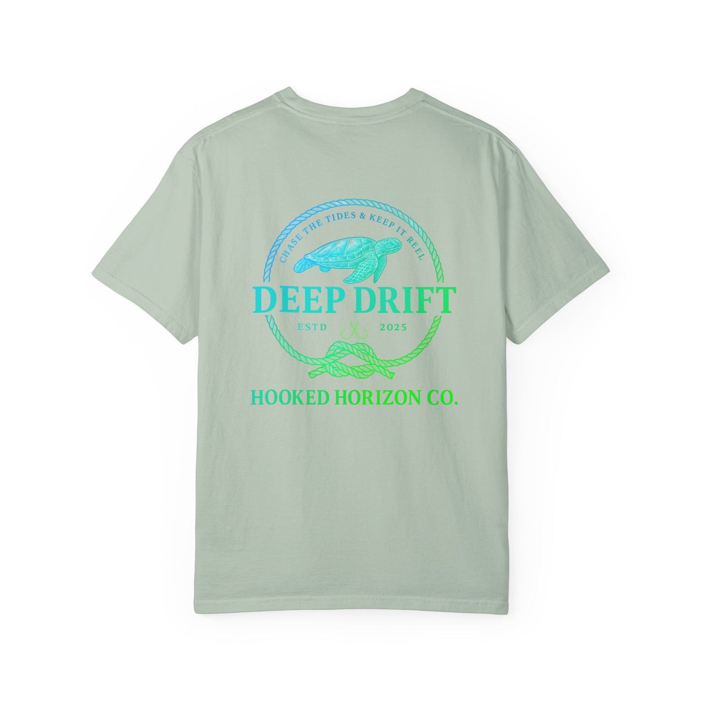 Deep Drift Fishing T-Shirt - Green & Blue Fishing Tee for Angler Lovers, Hammer Head Shark, Ocean Tee