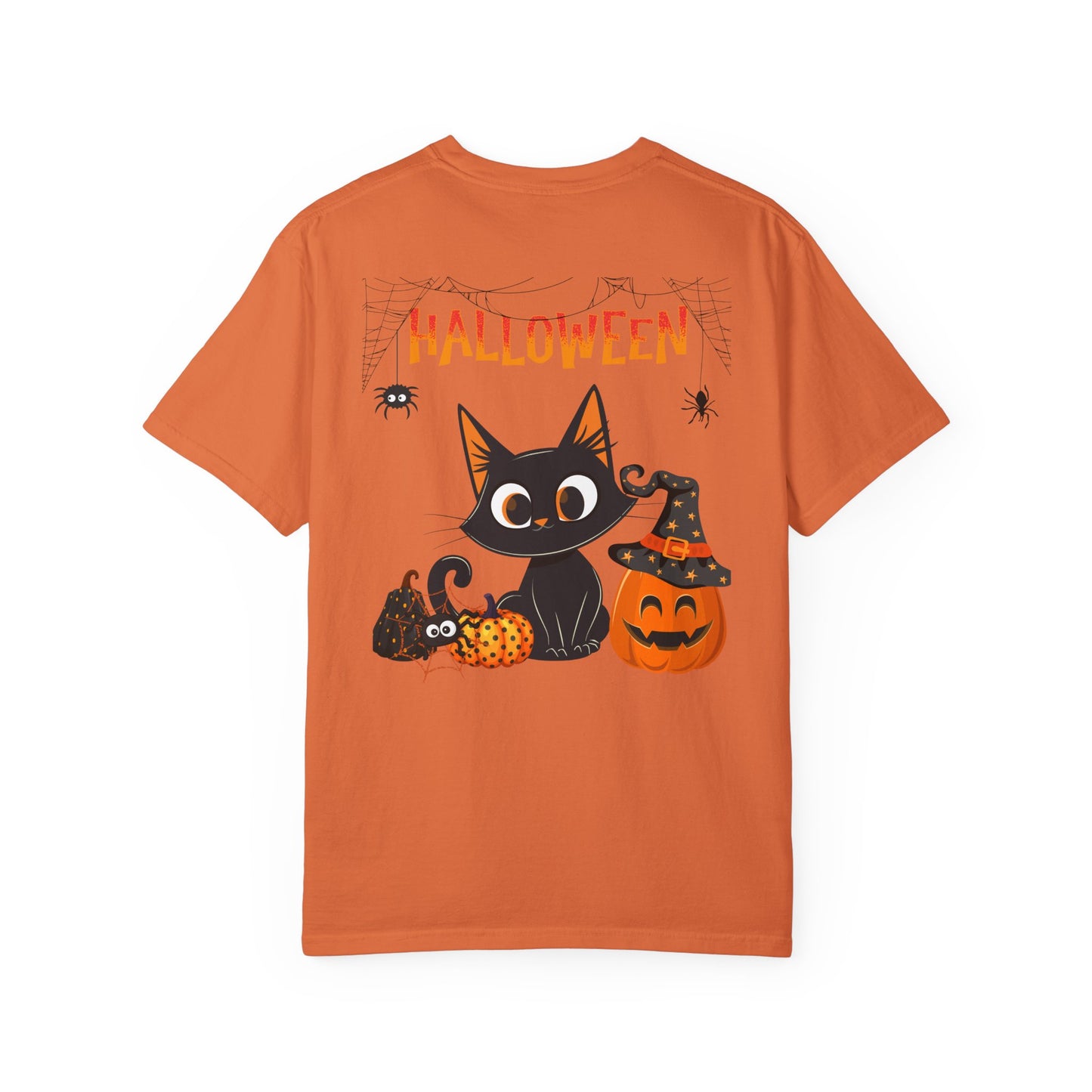 Halloween Spider Cat & Pumpkin Tee Unisex Garment-Dyed T-shirt, Black & White, Vintage Western, Western lover gifts