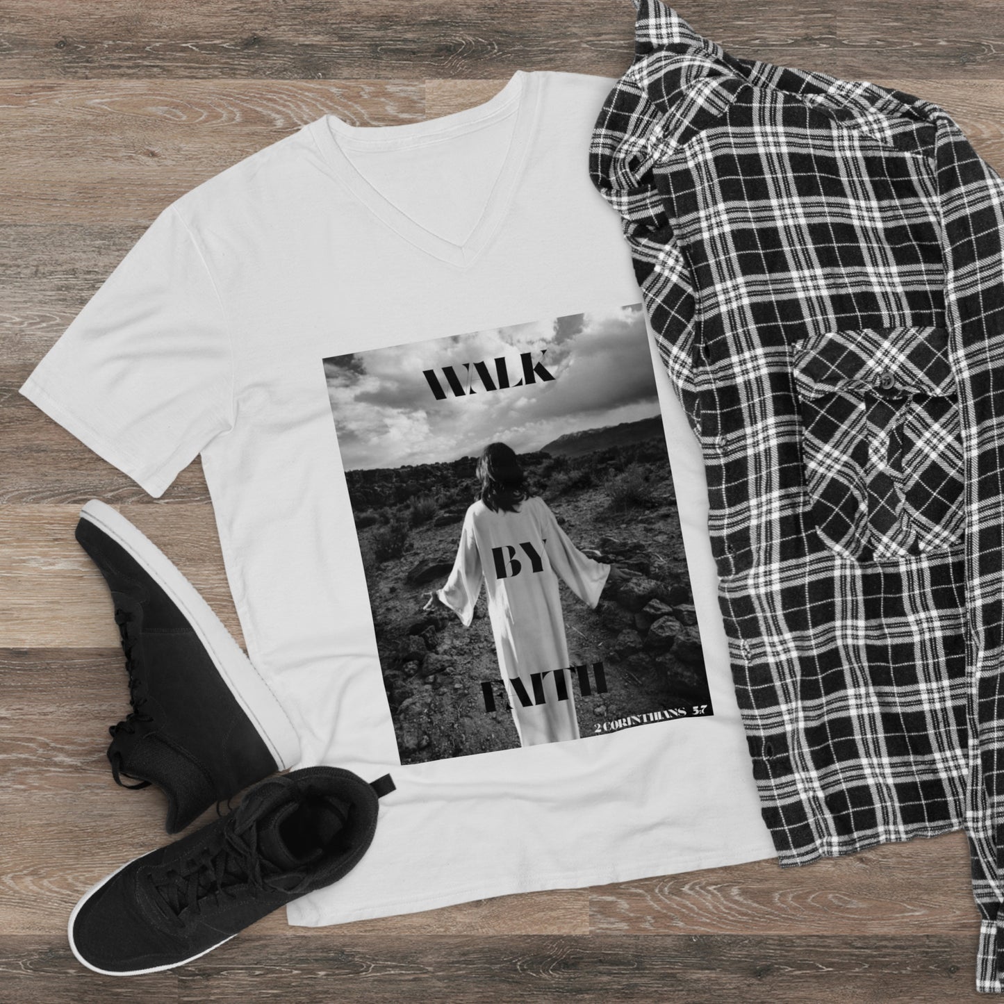 Walk By Faith Tshirt, Jesus, Spiritual, Gift, Christian, Men's Lightweight White V-Neck Tee
