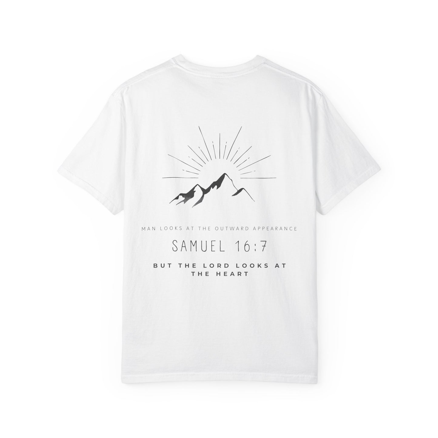 Samuel 16:7 in Black Inspirational Graphic T-Shirt, Christian Tee, Faith-Based Apparel, Gift for Believers, Casual Wear, Summer Essential