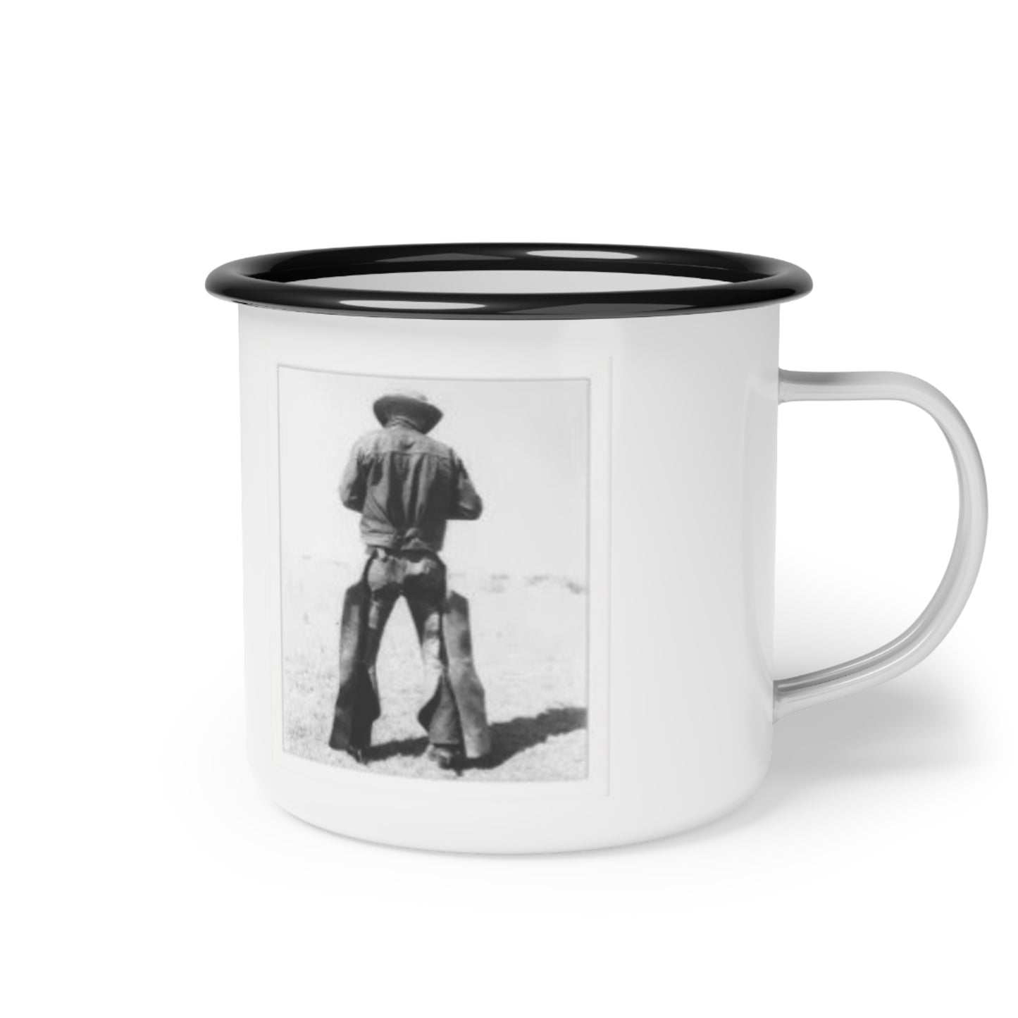 Vintage Style Enamel Camp Cup, Retro Camping Mug, Gift for Adventurers, Outdoorsy Coffee Cup, Unique Travel Drinkware, Cowboy Design