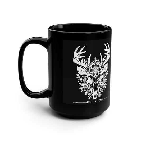 Boho Chic Skull Mug, 15oz Black Coffee Cup, Ideal for Nature Lovers, Perfect Gift for Halloween, Rustic Home Decor, Unique Kitchenware