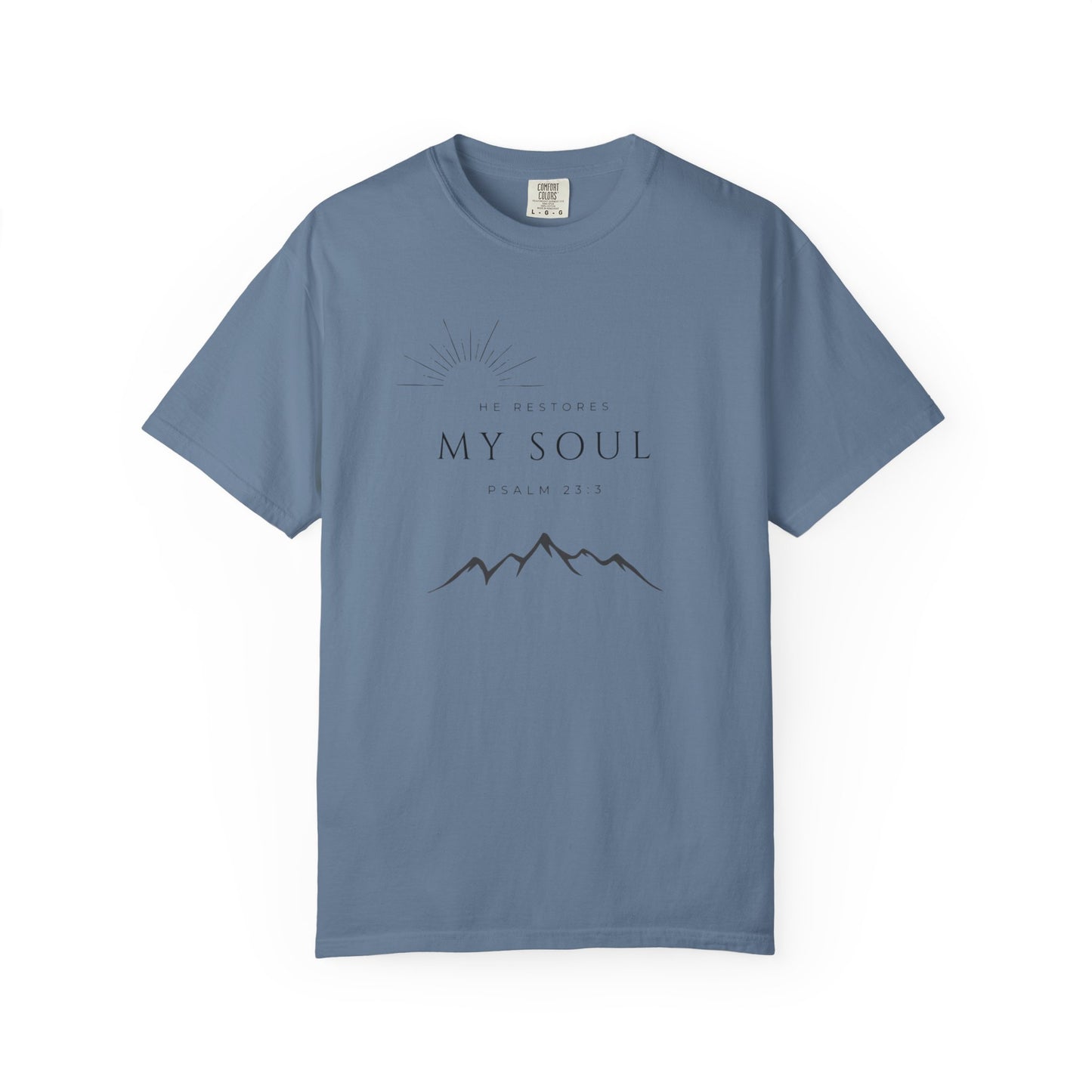 Psalm 23:3 Inspirational Mountain T-Shirt - "He Restores My Soul" Psalm 23:3, Faith Apparel, Christian Gift, Nature Lover Tee, Unisex Cotton Shirt
