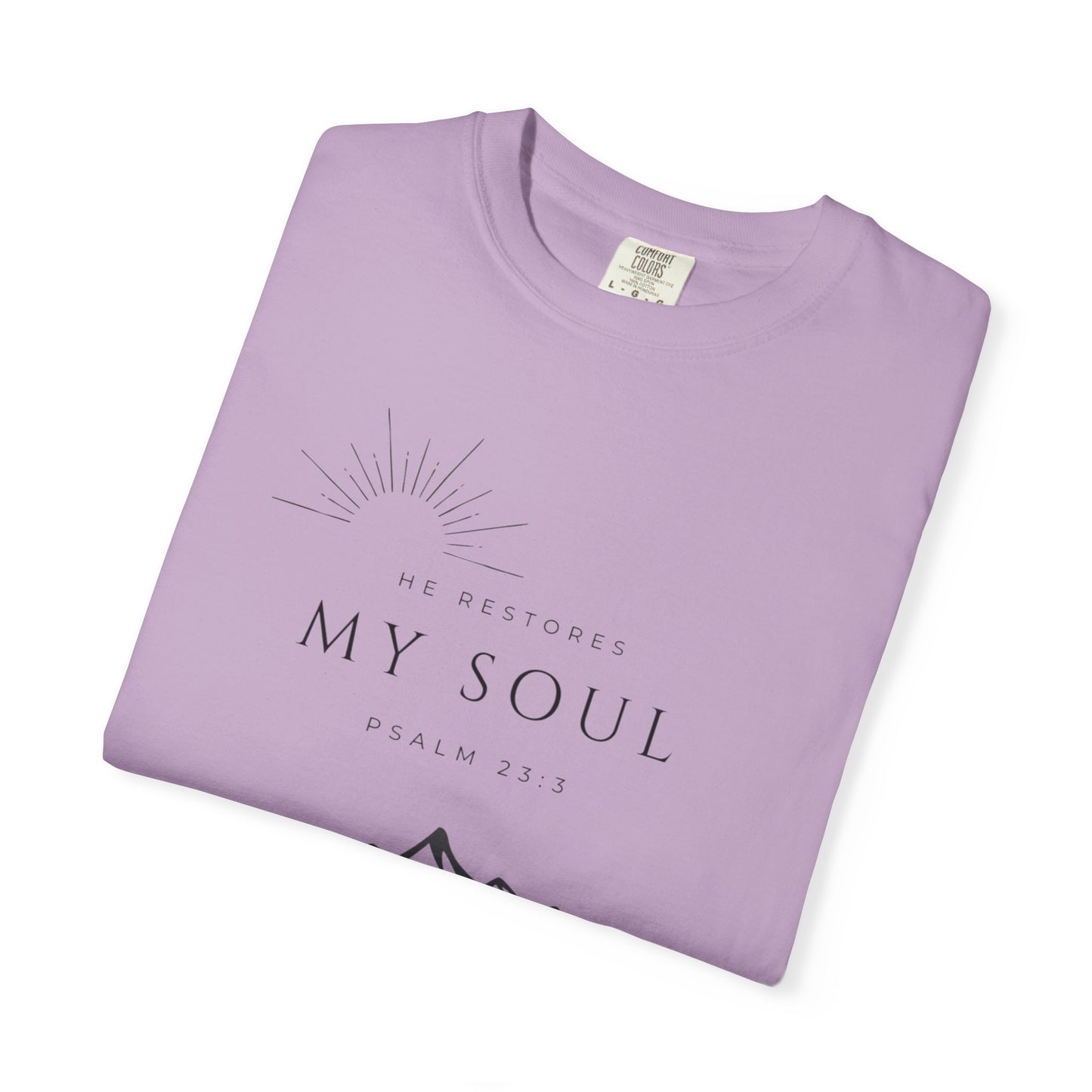 Psalm 23:3 Inspirational Mountain T-Shirt - "He Restores My Soul" Psalm 23:3, Faith Apparel, Christian Gift, Nature Lover Tee, Unisex Cotton Shirt