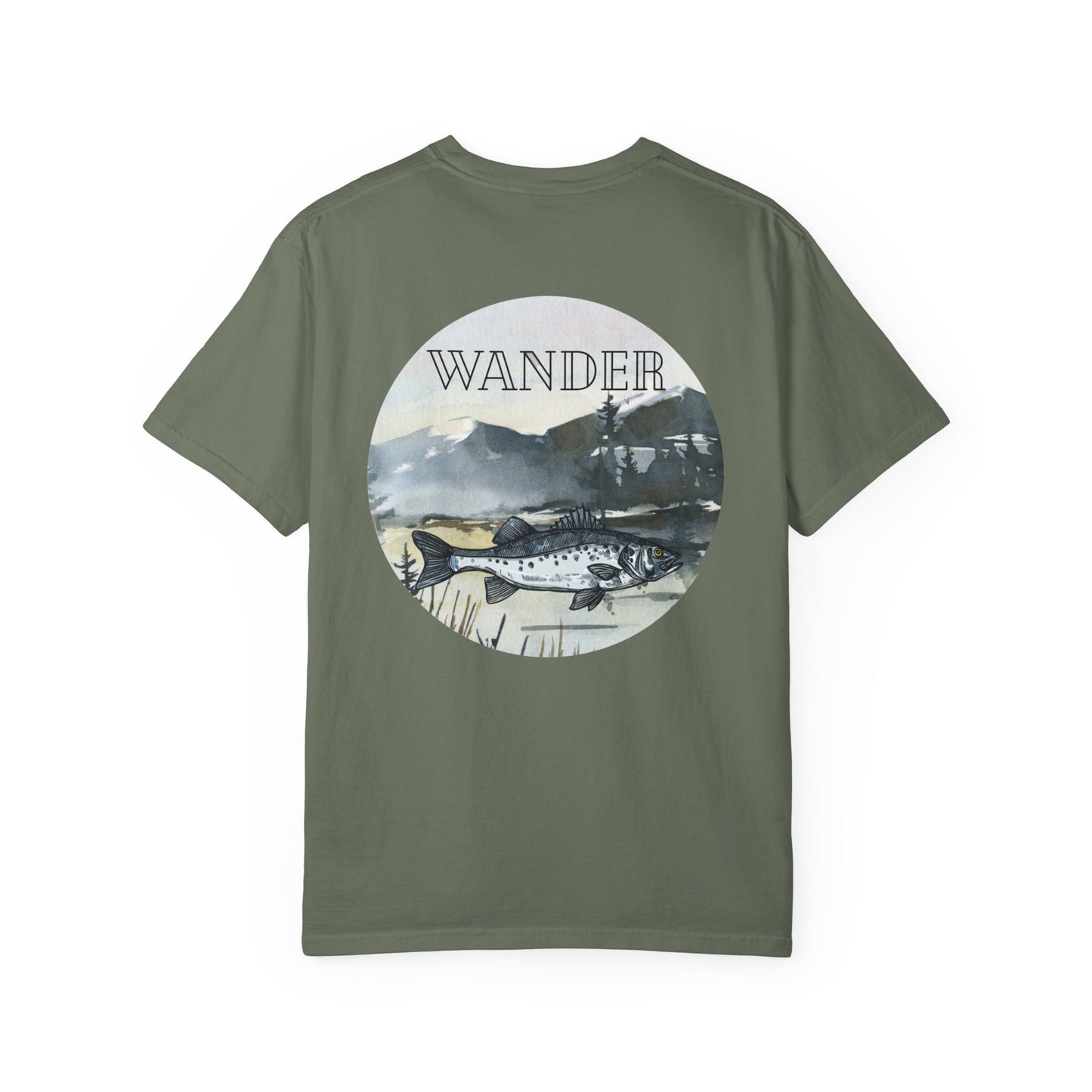 Ready to Run Wander Fishing Tee with White Front Design on Back Wildlife Adventure Tee Unisex Garment-Dyed T-shirt, Boho Nature Tee, Camping Shirt, Adventure Apparel, Gift for Wilderness Lovers, Angler Lover Giftd