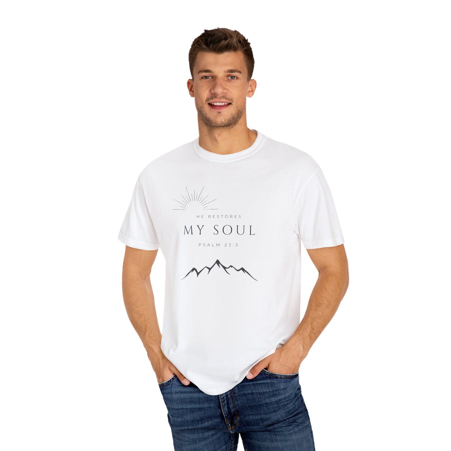 Psalm 23:3 Inspirational Mountain T-Shirt - "He Restores My Soul" Psalm 23:3, Faith Apparel, Christian Gift, Nature Lover Tee, Unisex Cotton Shirt