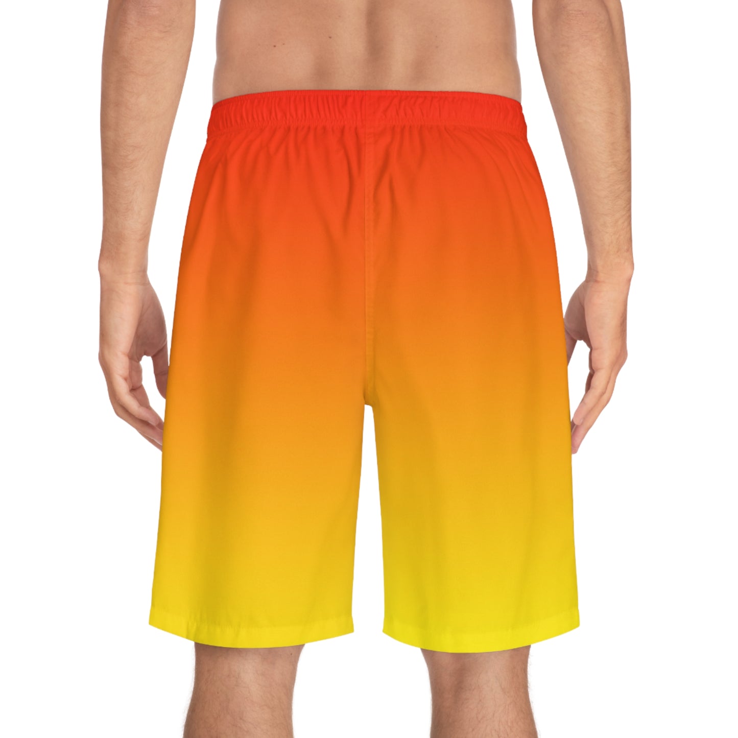 Redish Orange To Yellow Ombre Men's Ocean-Inspired Board Shorts, Swimwear for Beach Days, Summer Vacations, Pool Parties, Surfing Attire, Water Sports