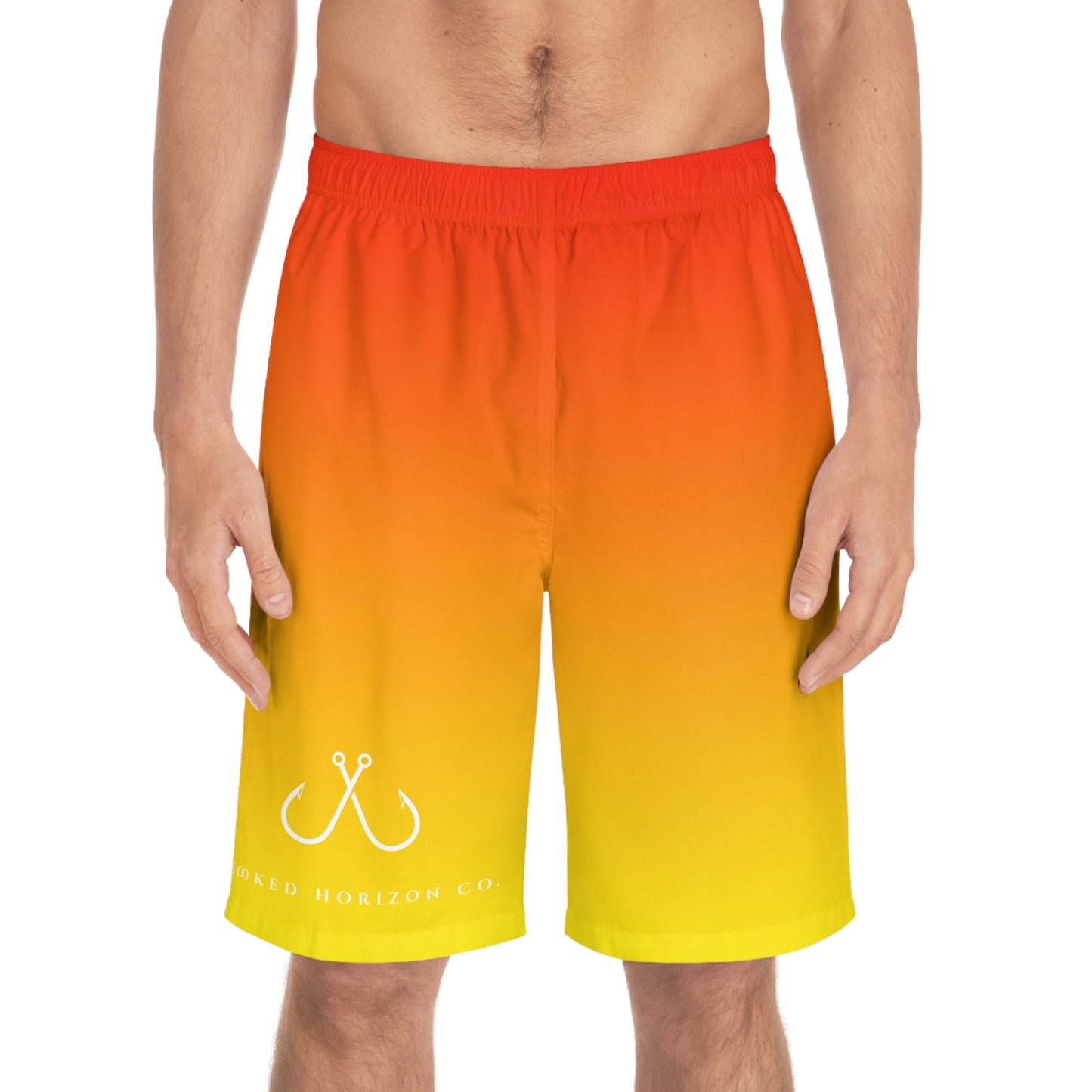 Redish Orange To Yellow Ombre Men's Ocean-Inspired Board Shorts, Swimwear for Beach Days, Summer Vacations, Pool Parties, Surfing Attire, Water Sports