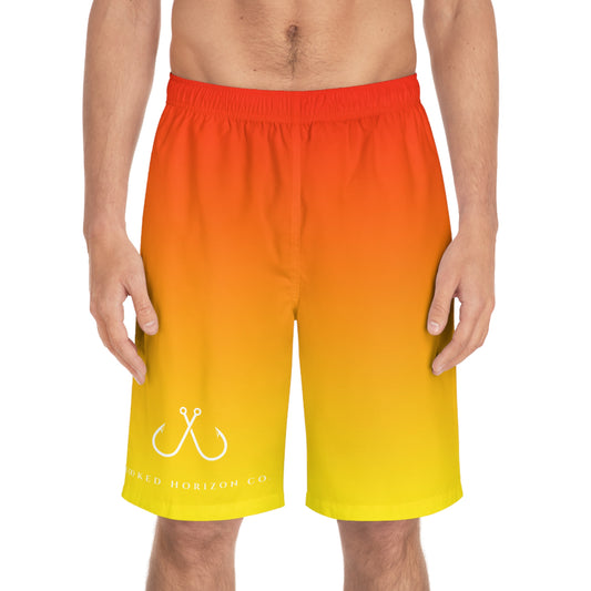 Redish Orange To Yellow Ombre Men's Ocean-Inspired Board Shorts, Swimwear for Beach Days, Summer Vacations, Pool Parties, Surfing Attire, Water Sports