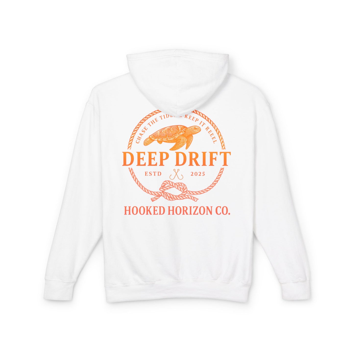 Orange Hooked Horizon Co Unisex Lightweight Hoodie with Deep Drift Design | Perfect for Fishermen, Beach Lovers, Casual Outings, Gift for Him/Her, Nautical Style,  Ocean Lover Gifts