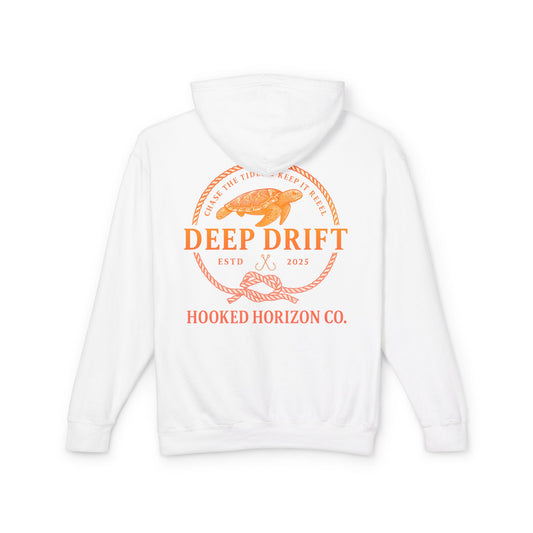 Orange Hooked Horizon Co Unisex Lightweight Hoodie with Deep Drift Design | Perfect for Fishermen, Beach Lovers, Casual Outings, Gift for Him/Her, Nautical Style,  Ocean Lover Gifts
