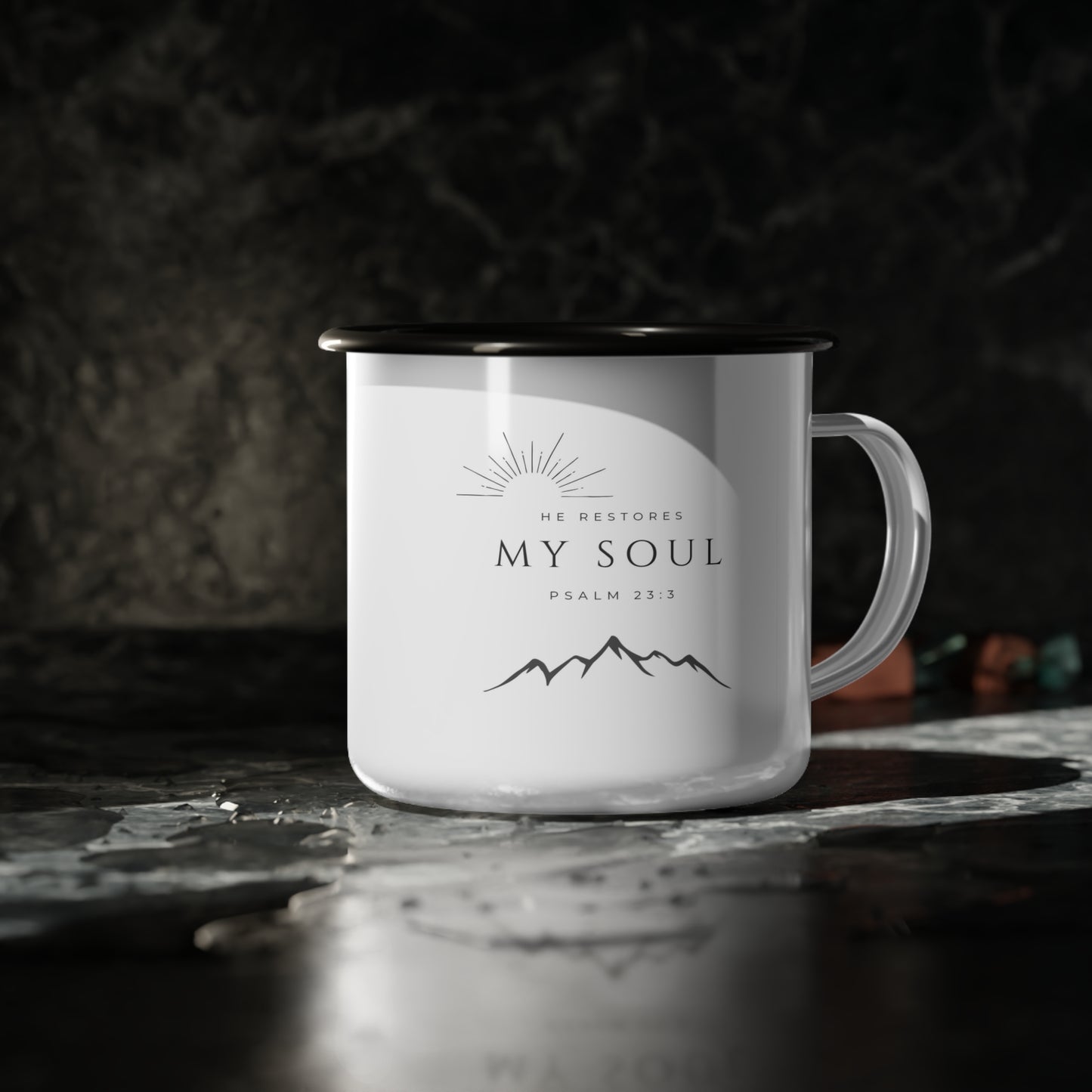 Inspirational Enamel Camp Cup | "He Restores My Soul" Mug for Camping, Hiking, Yoga, Gift for Outdoor Lovers, Bible Verse Decor