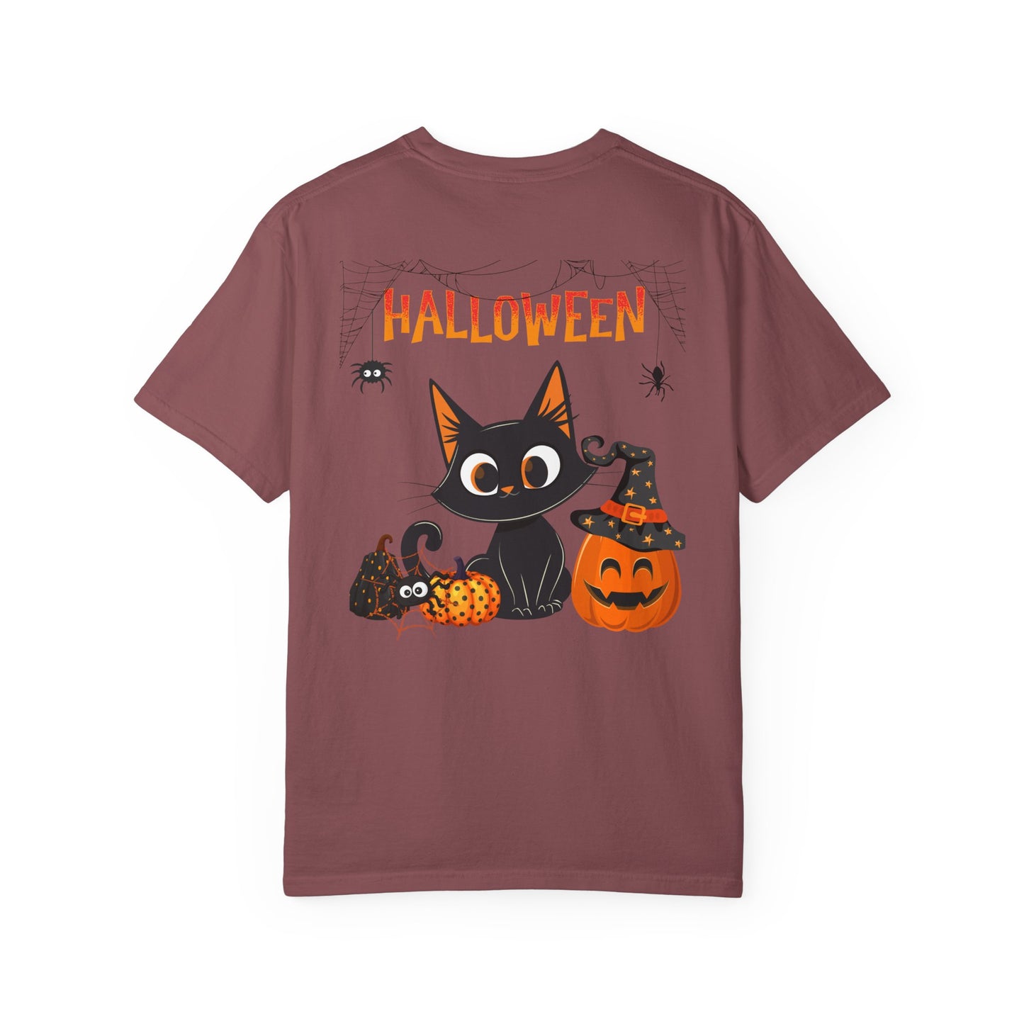 Halloween Spider Cat & Pumpkin Tee Unisex Garment-Dyed T-shirt, Black & White, Vintage Western, Western lover gifts
