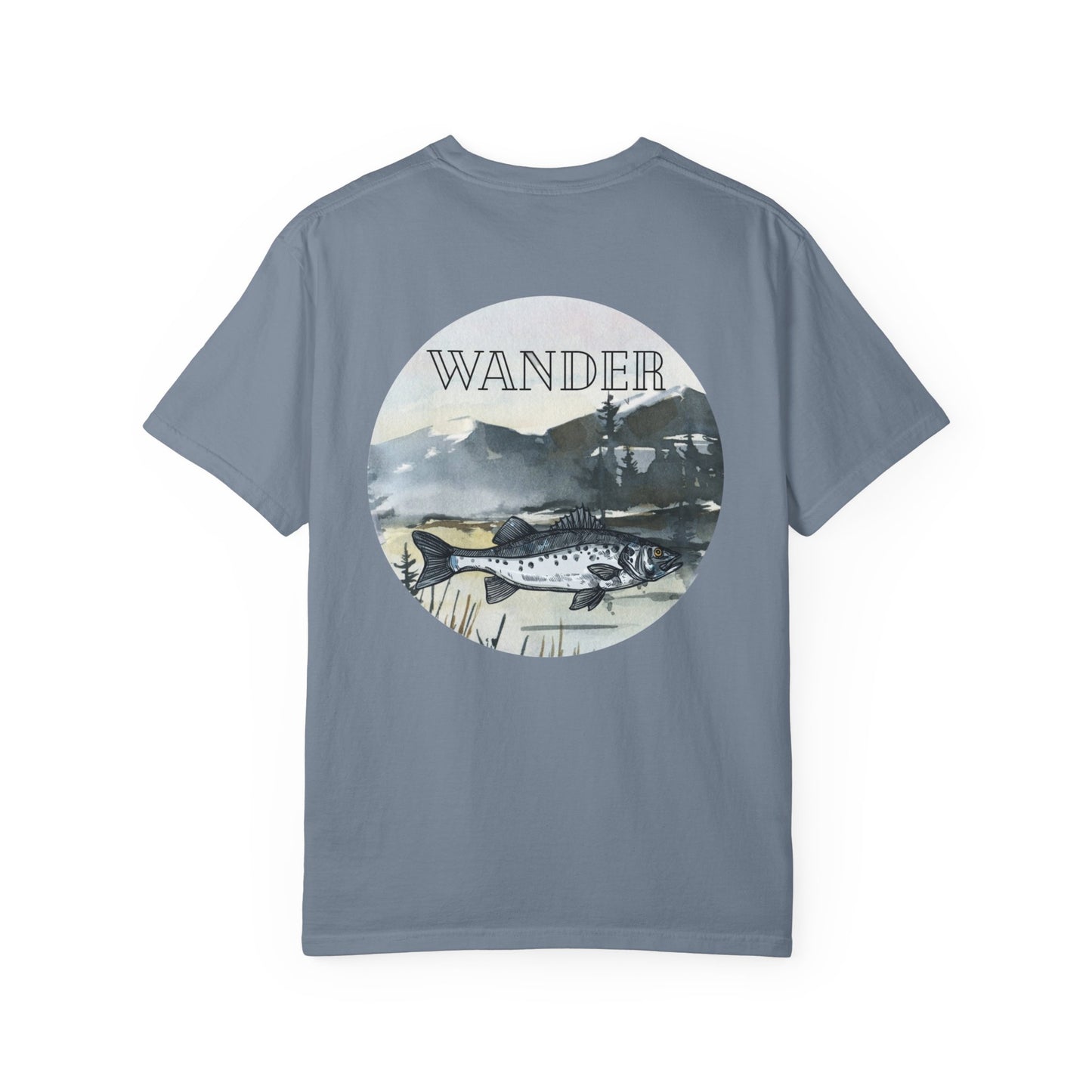 Ready to Run Wander Fishing Tee with White Front Design on Back Wildlife Adventure Tee Unisex Garment-Dyed T-shirt, Boho Nature Tee, Camping Shirt, Adventure Apparel, Gift for Wilderness Lovers, Angler Lover Giftd