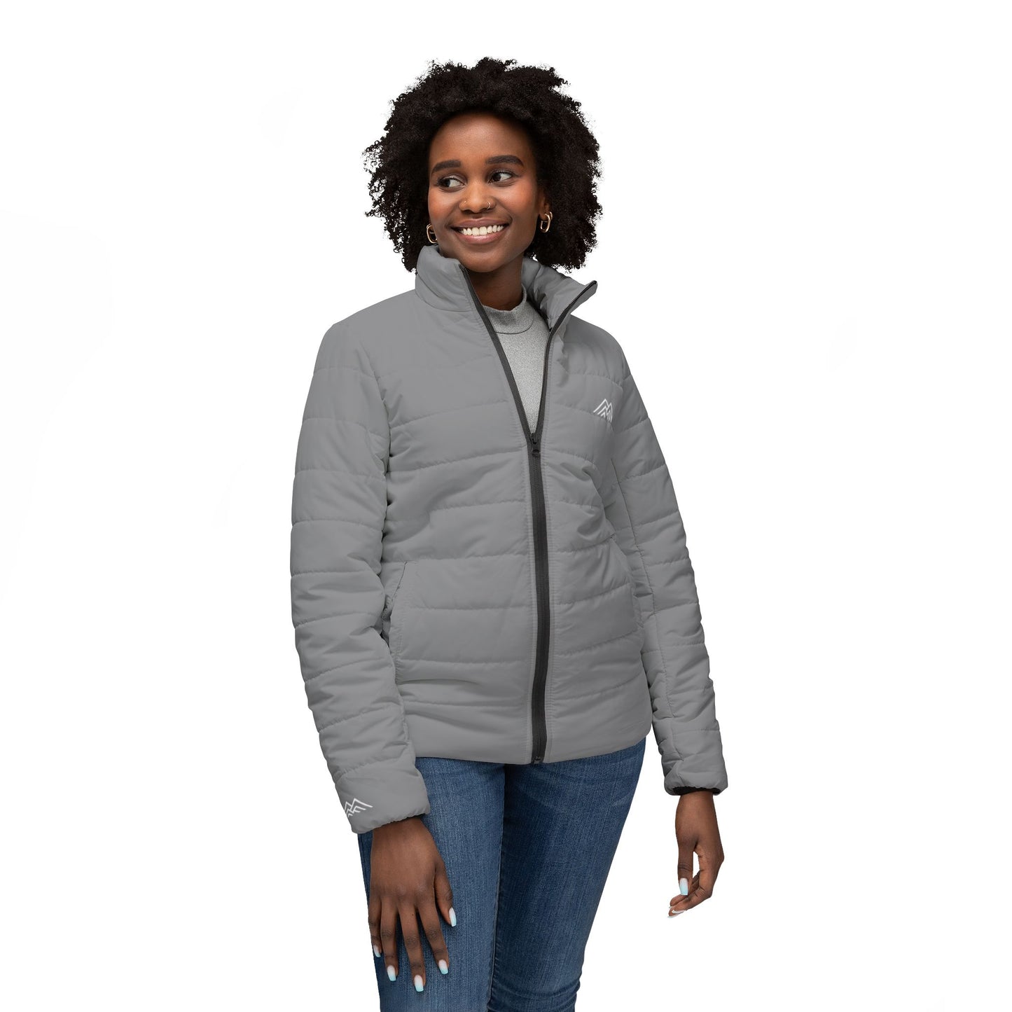 Gray Double Mountain Stylish Women’s Puffer Jacket, Cozy Outerwear for Winter, Perfect Gift for Her, AOP Jacket for Everyday Wear, Warm Fashion Statement
