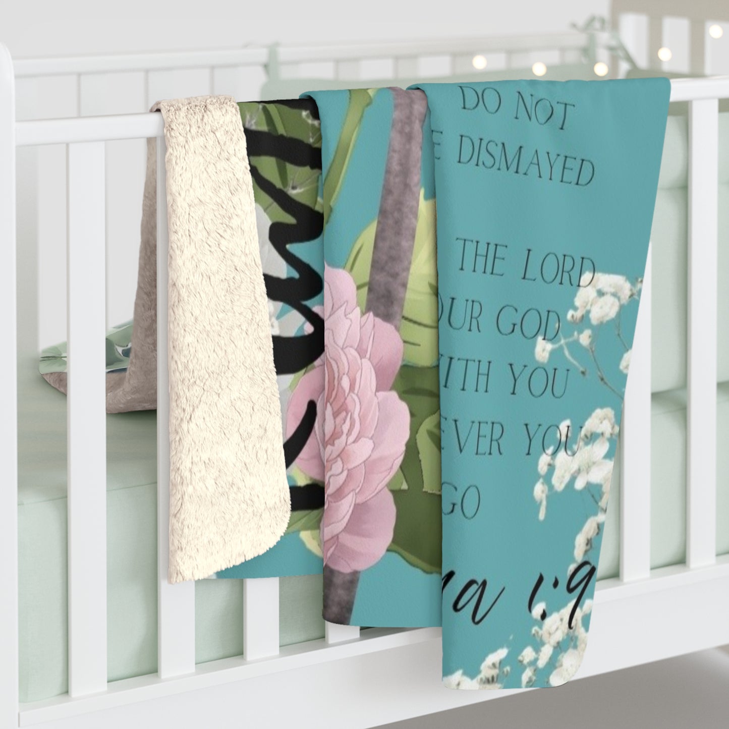 Kimmy Personalized Spiritual Bible Verse Holiday Sherpa Blanket — Cozy Teal Winter Fleece