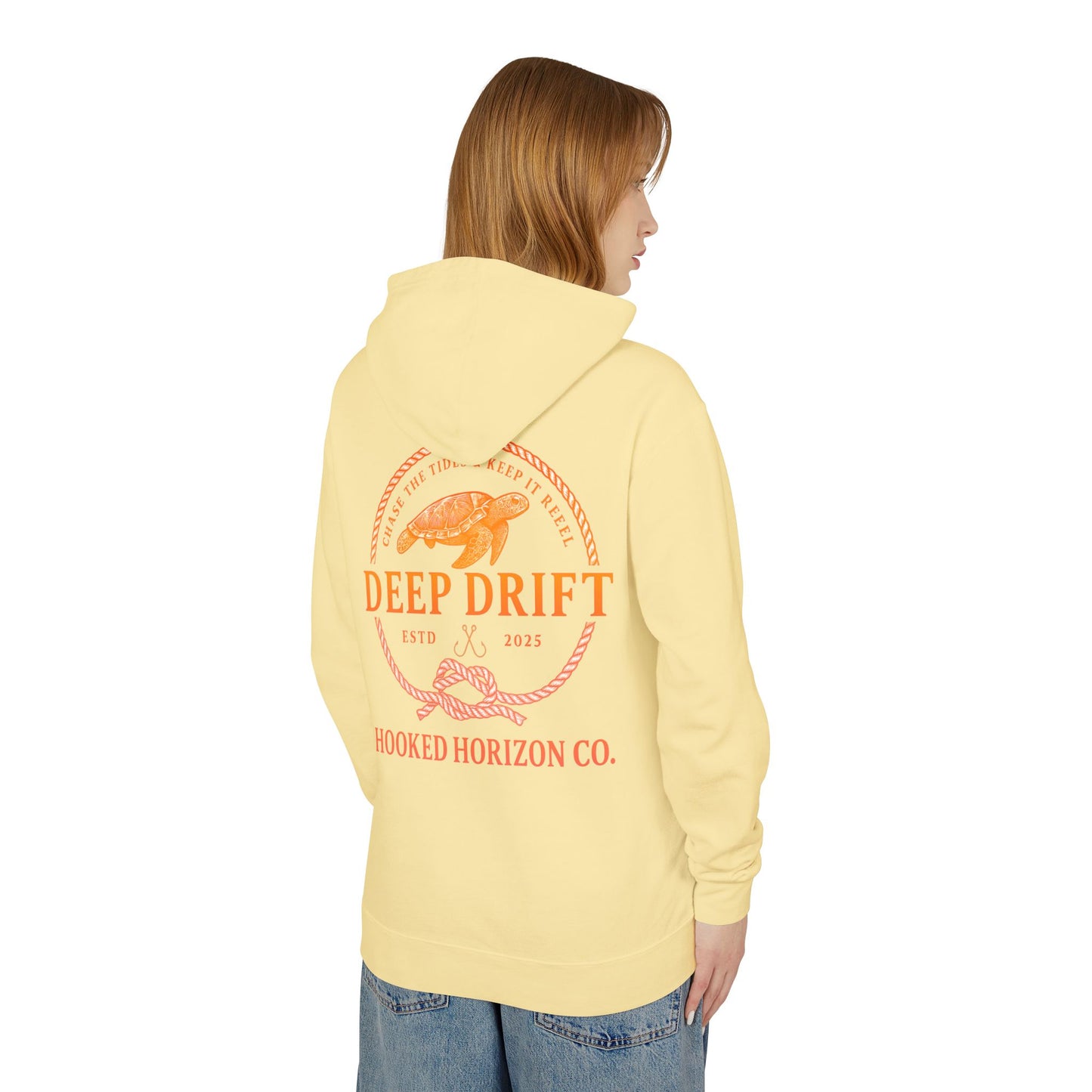 Orange Hooked Horizon Co Unisex Lightweight Hoodie with Deep Drift Design | Perfect for Fishermen, Beach Lovers, Casual Outings, Gift for Him/Her, Nautical Style,  Ocean Lover Gifts