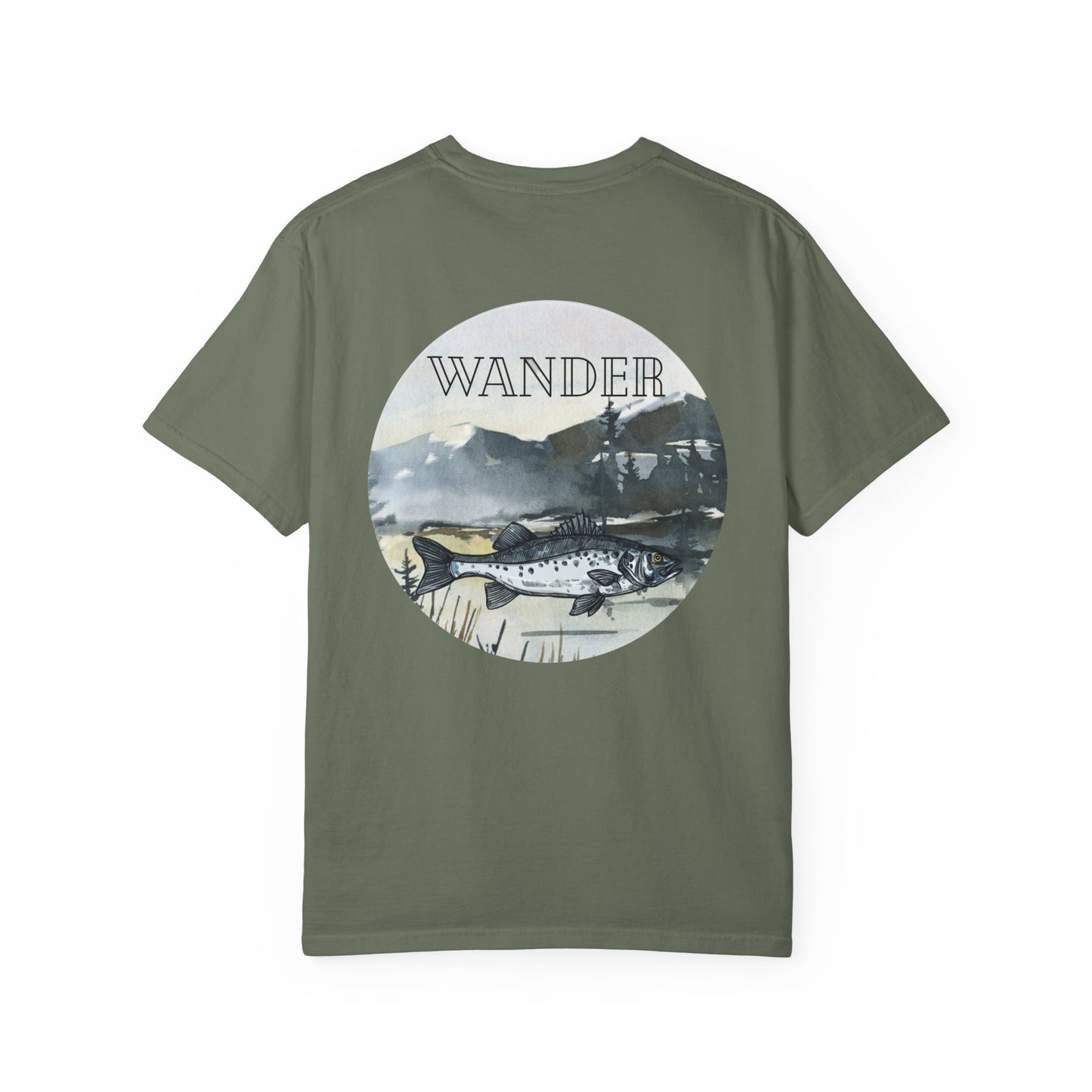 Ready to Run Wander Tee in Black Writing on Front & Image on Back Wildlife Adventure Tee Unisex Garment-Dyed T-shirt, Boho Nature Tee, Camping Shirt, Adventure Apparel, Gift for Wilderness Lovers, Angler Lover Giftd