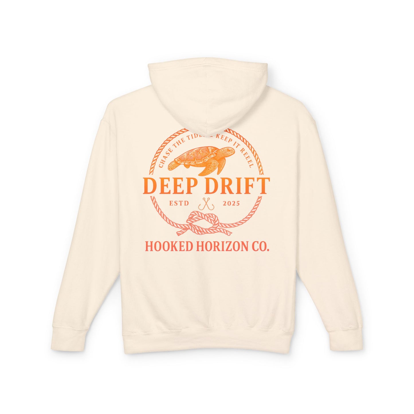Orange Hooked Horizon Co Unisex Lightweight Hoodie with Deep Drift Design | Perfect for Fishermen, Beach Lovers, Casual Outings, Gift for Him/Her, Nautical Style,  Ocean Lover Gifts
