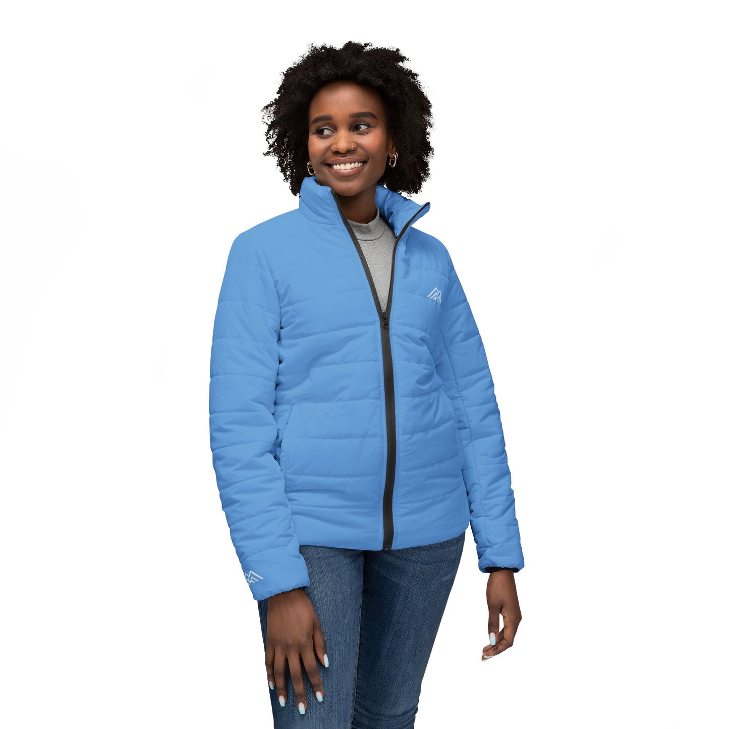 Artic Blue Double Mountain Stylish Women’s Puffer Jacket, Cozy Outerwear for Winter, Perfect Gift for Her, AOP Jacket for Everyday Wear, Warm Fashion Statement