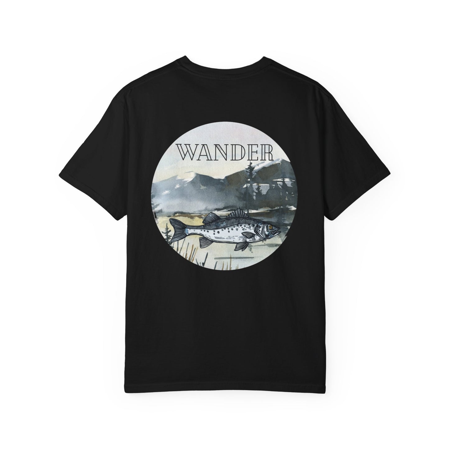 Ready to Run Wander Fishing Tee with White Front Design on Back Wildlife Adventure Tee Unisex Garment-Dyed T-shirt, Boho Nature Tee, Camping Shirt, Adventure Apparel, Gift for Wilderness Lovers, Angler Lover Giftd