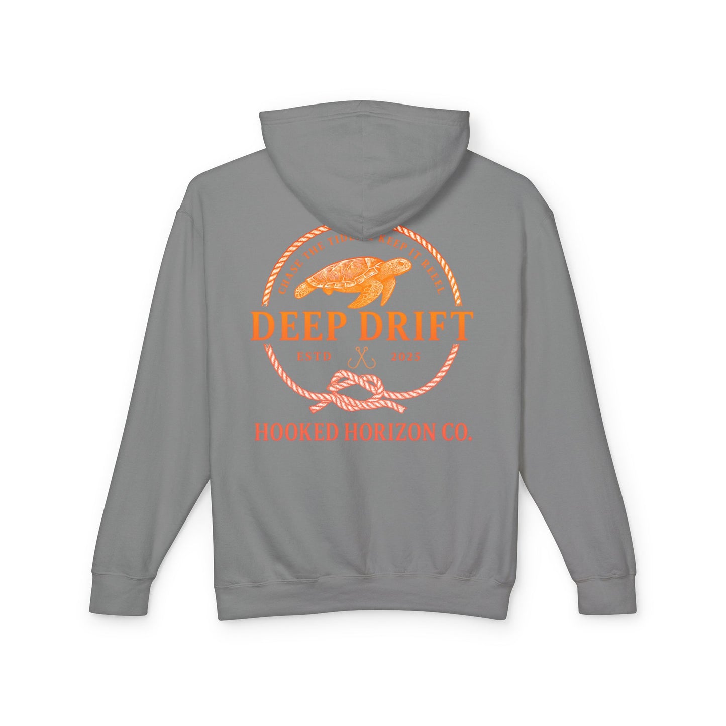 Orange Hooked Horizon Co Unisex Lightweight Hoodie with Deep Drift Design | Perfect for Fishermen, Beach Lovers, Casual Outings, Gift for Him/Her, Nautical Style,  Ocean Lover Gifts