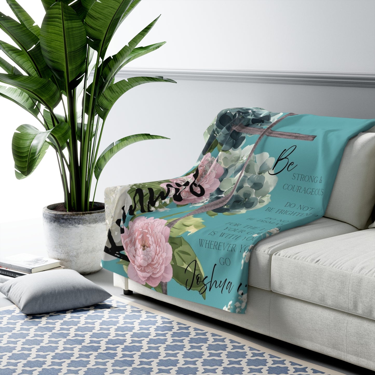 Kimmy Personalized Spiritual Bible Verse Holiday Sherpa Blanket — Cozy Teal Winter Fleece