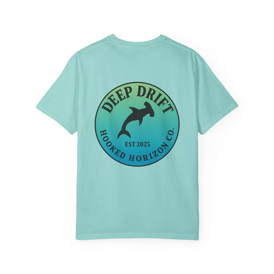 Deep Drift Fishing T-Shirt - Green & Blue Fishing Tee for Angler Lovers, Hammer Head Shark, Ocean Tee