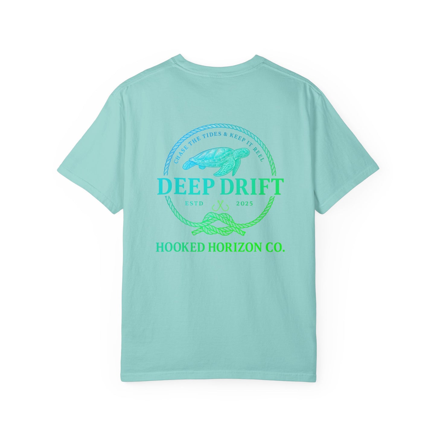 Deep Drift Fishing T-Shirt - Green & Blue Fishing Tee for Angler Lovers, Hammer Head Shark, Ocean Tee
