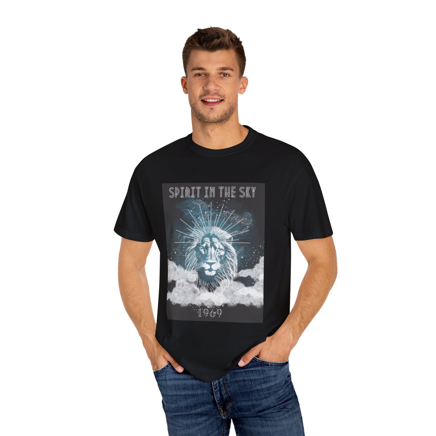 Spirit in the Sky Lion T-Shirt, Unisex Garment-Dyed Tee, Boho Shirt, Festival Apparel, Unique Graphic Tee, Music Lover Gift