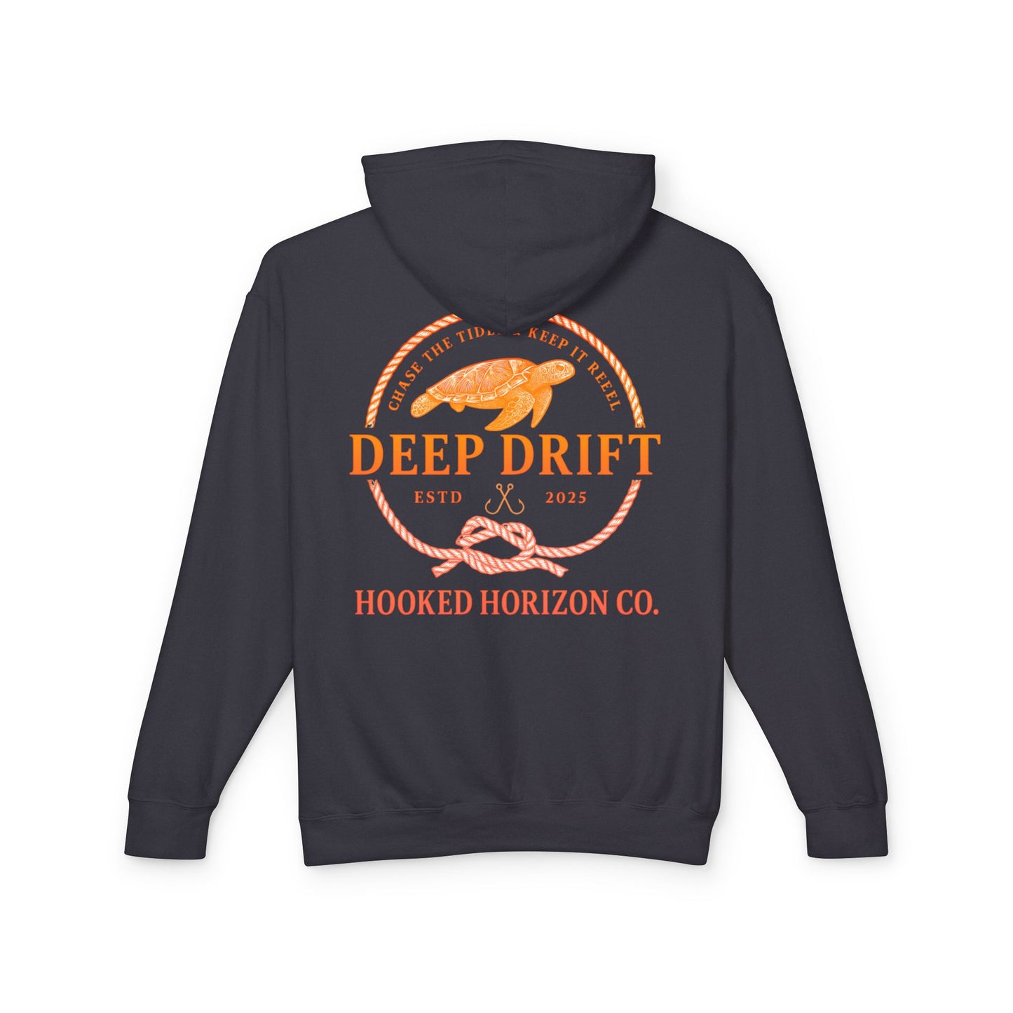 Orange Hooked Horizon Co Unisex Lightweight Hoodie with Deep Drift Design | Perfect for Fishermen, Beach Lovers, Casual Outings, Gift for Him/Her, Nautical Style,  Ocean Lover Gifts