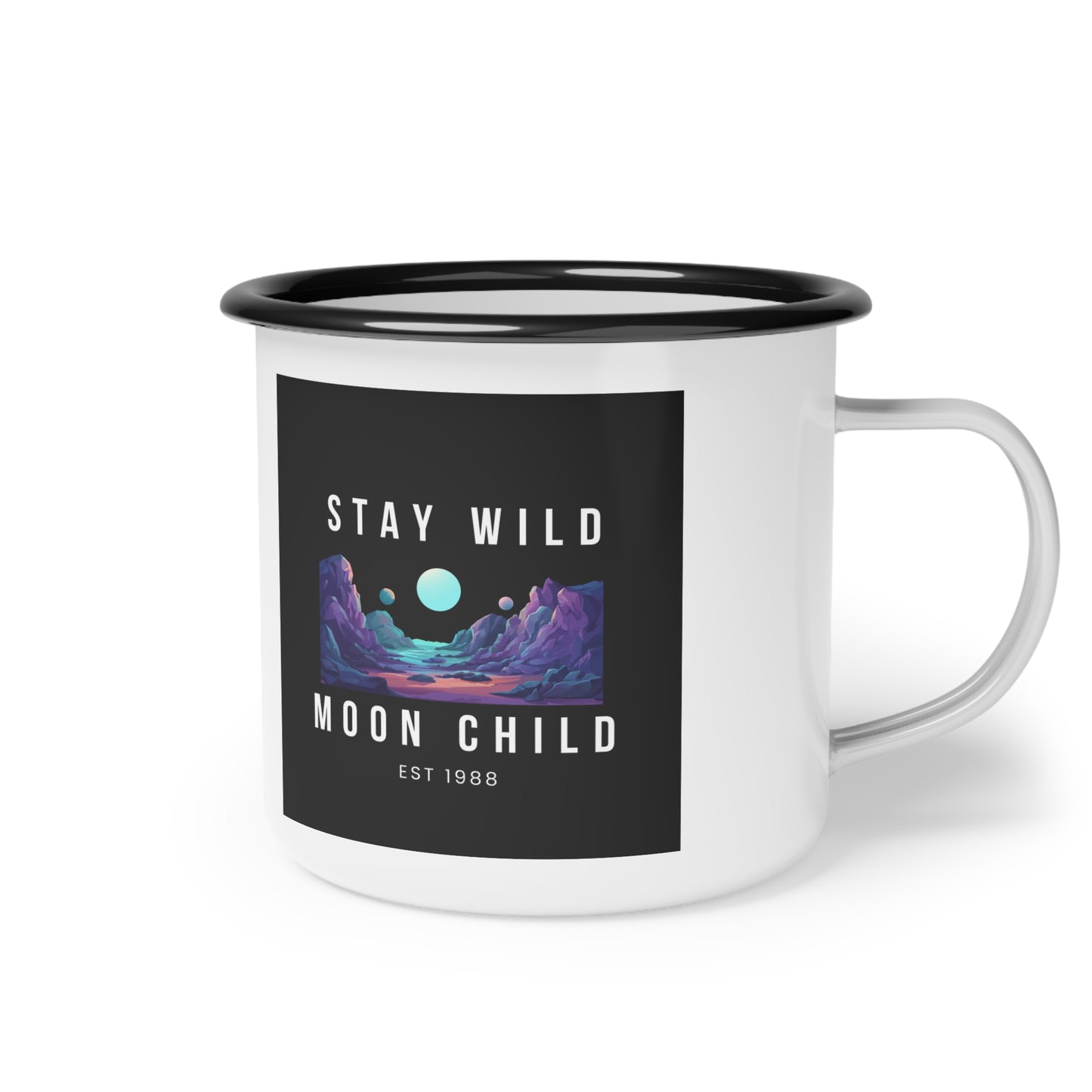 Stay Wild Moon Child Enamel Camp Cup, Camping Mug, Outdoor Adventure Cup, Celestial Mug, Gift for Nature Lovers