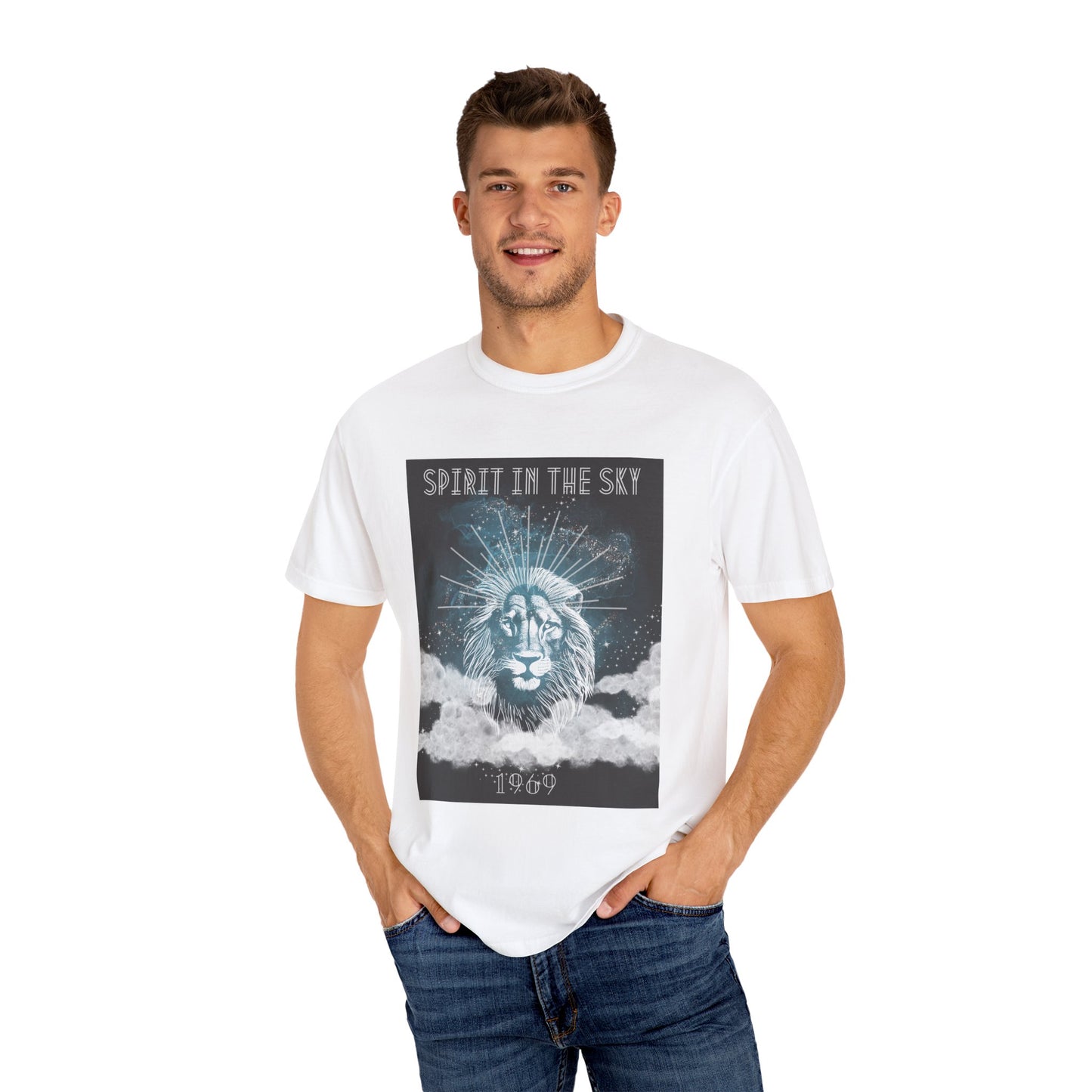 Spirit in the Sky Lion T-Shirt, Unisex Garment-Dyed Tee, Boho Shirt, Festival Apparel, Unique Graphic Tee, Music Lover Gift
