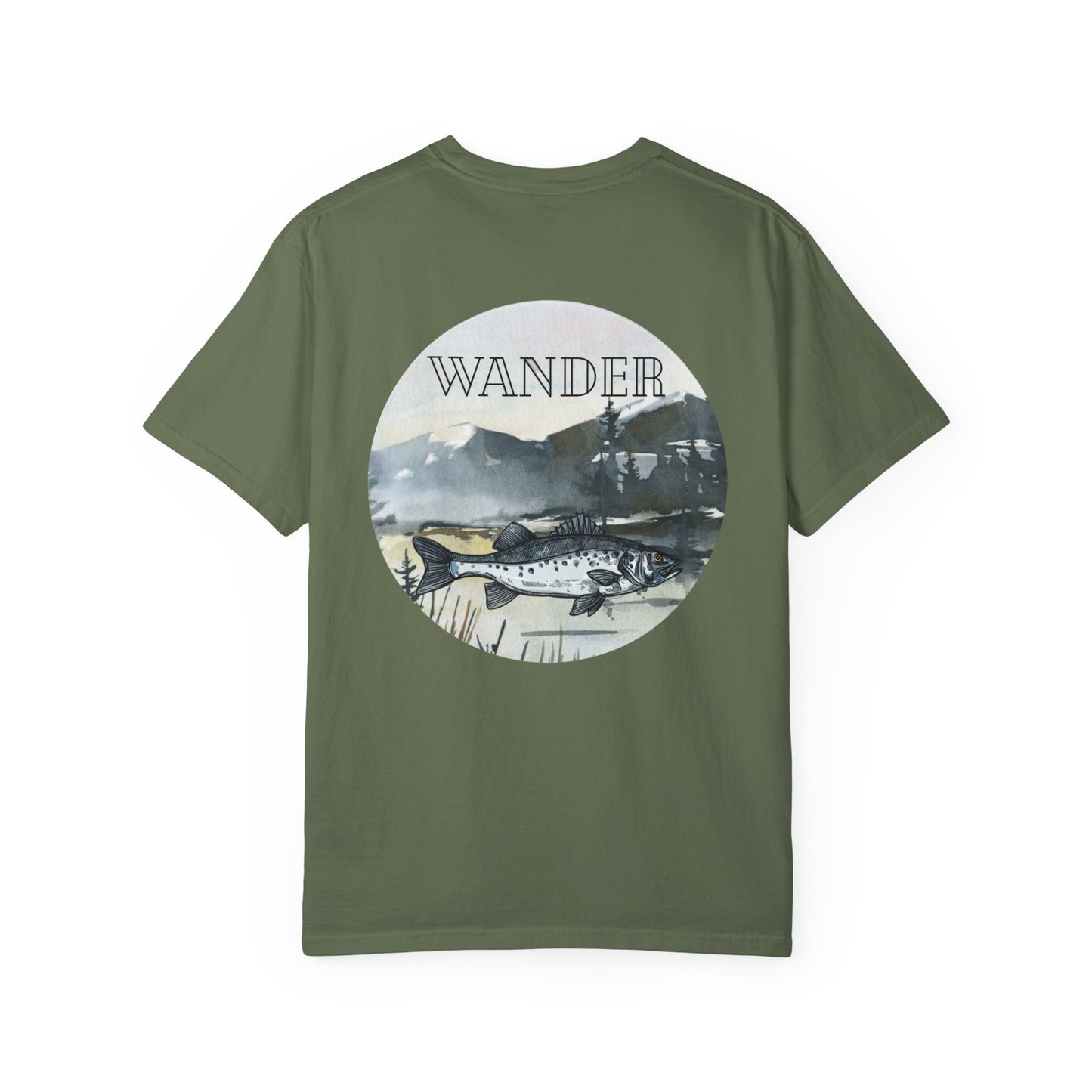 Ready to Run Wander Tee in Black Writing on Front & Image on Back Wildlife Adventure Tee Unisex Garment-Dyed T-shirt, Boho Nature Tee, Camping Shirt, Adventure Apparel, Gift for Wilderness Lovers, Angler Lover Giftd